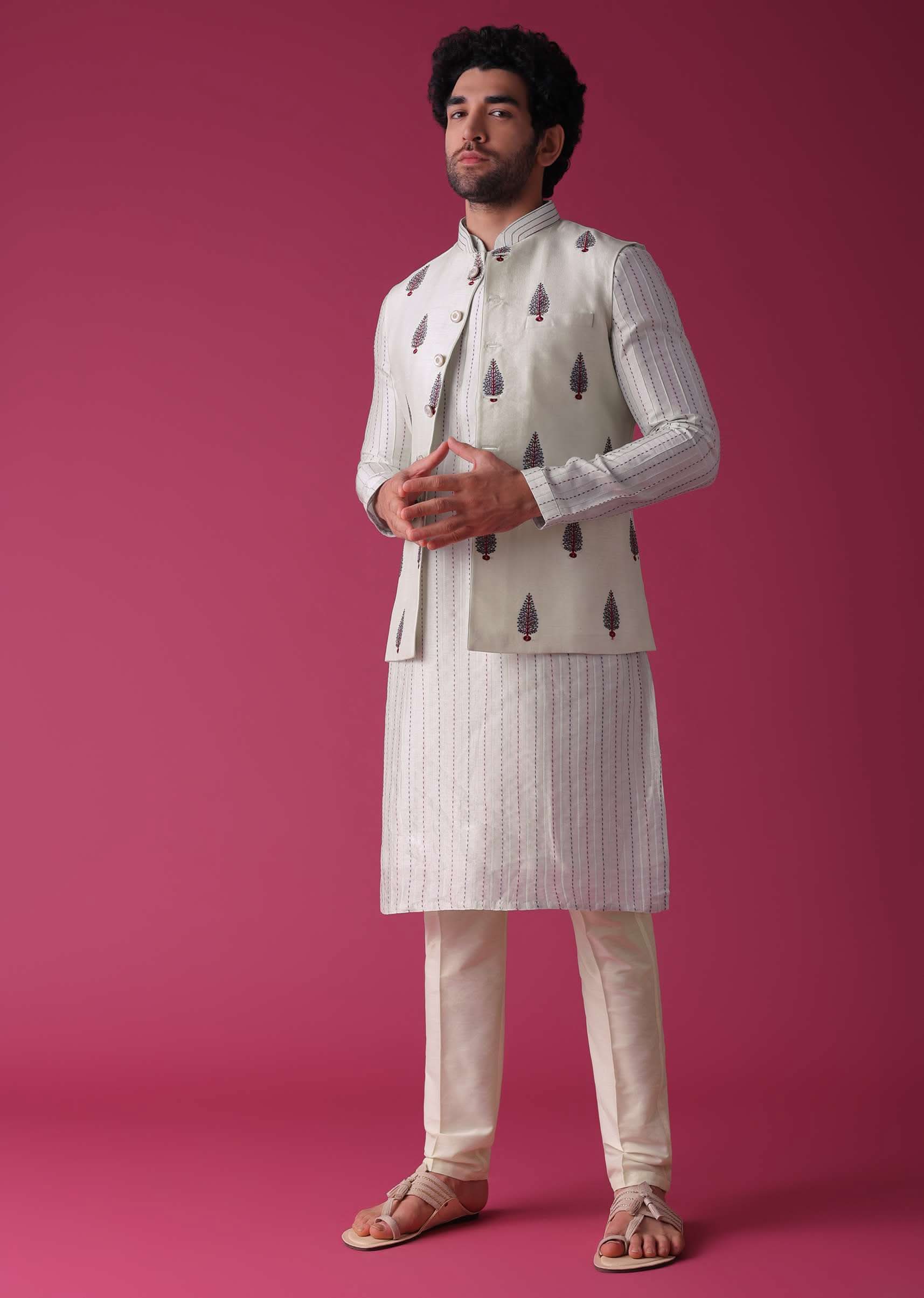 Green Jacket Kurta Set In Art Silk With Threadwork - Image 2