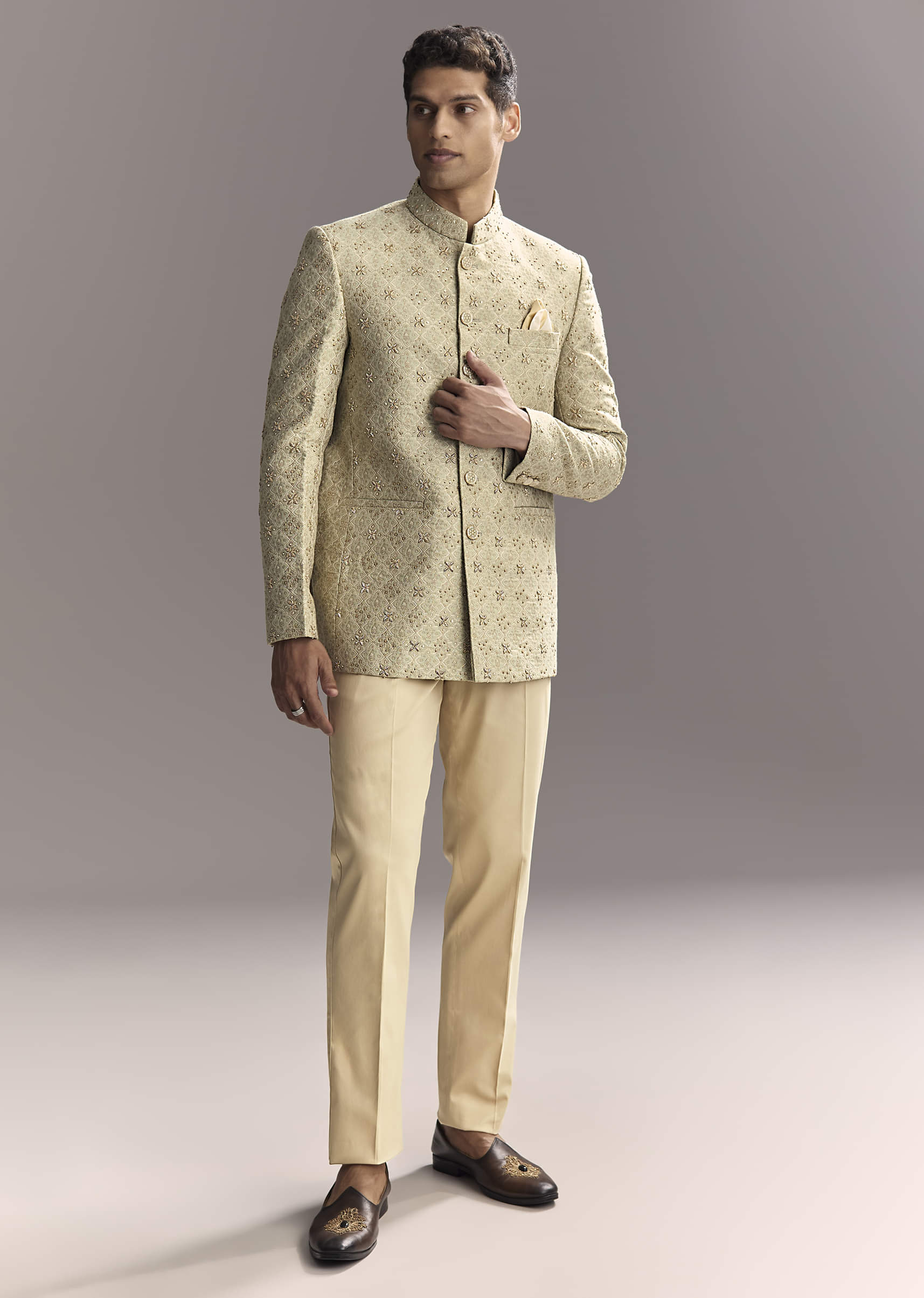 Green Jacquard Jodhpuri Suit For Men With Subtle Embroidery - Image 3