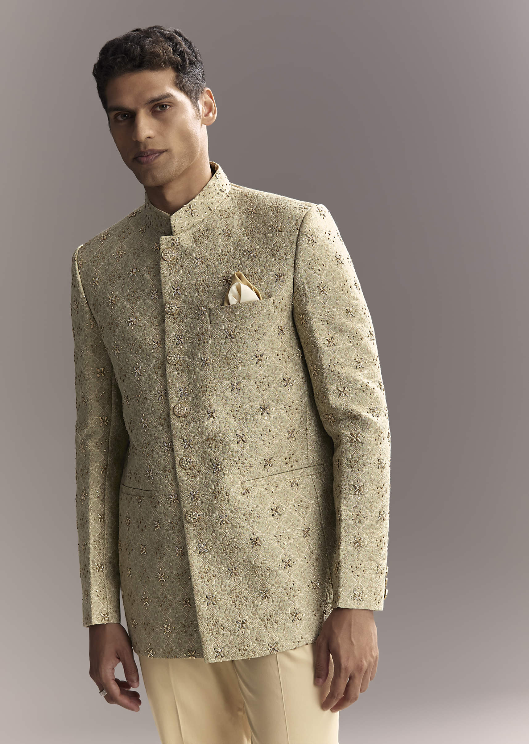 Green Jacquard Jodhpuri Suit For Men With Subtle Embroidery - Image 4