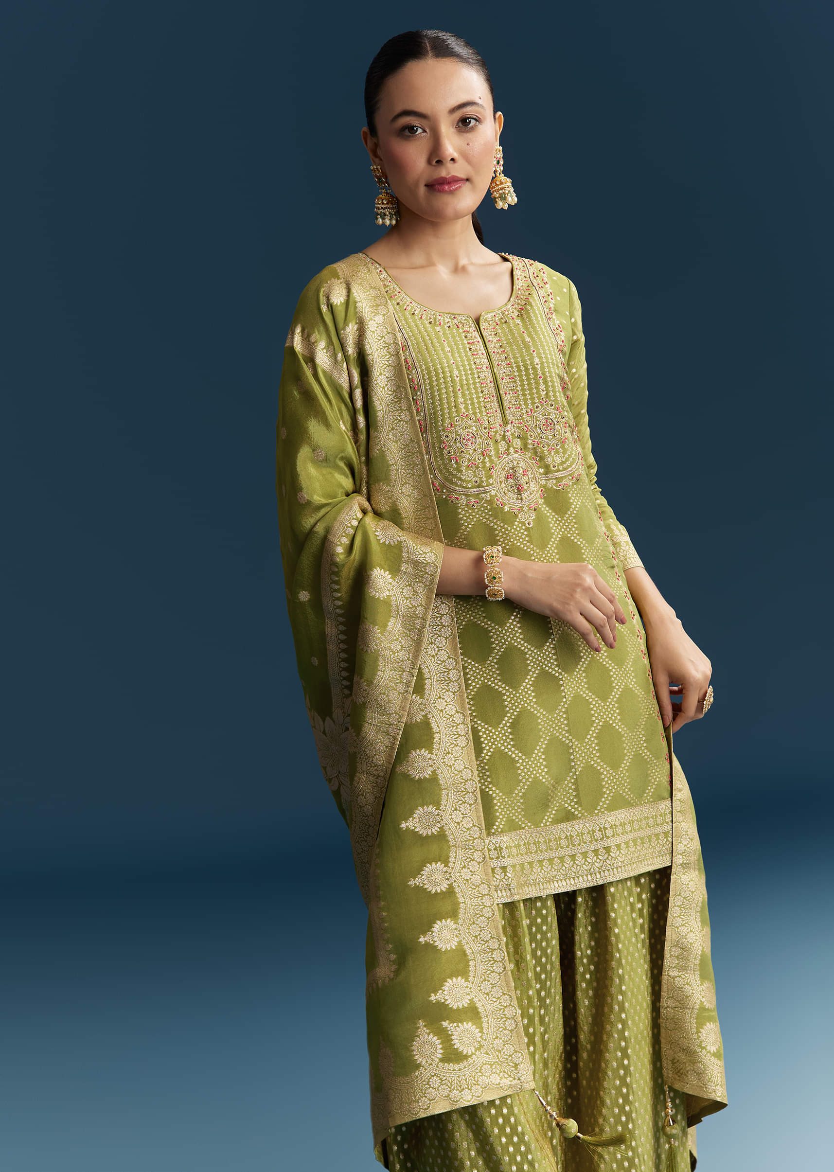 Green Jacquard Palazzo Suit With Banarasi Jacquard Weave - Image 4
