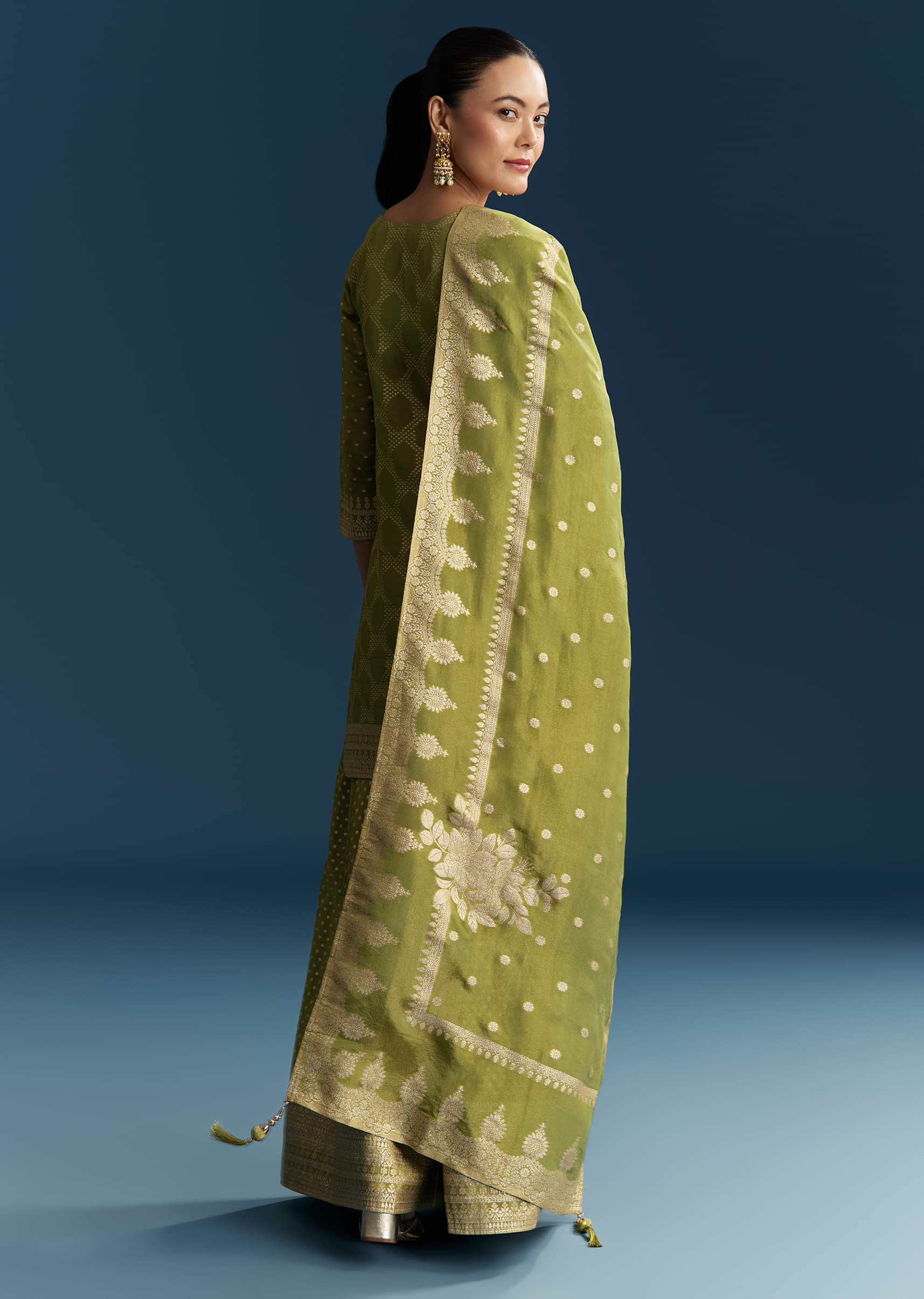 Green Jacquard Palazzo Suit With Banarasi Jacquard Weave - Image 5