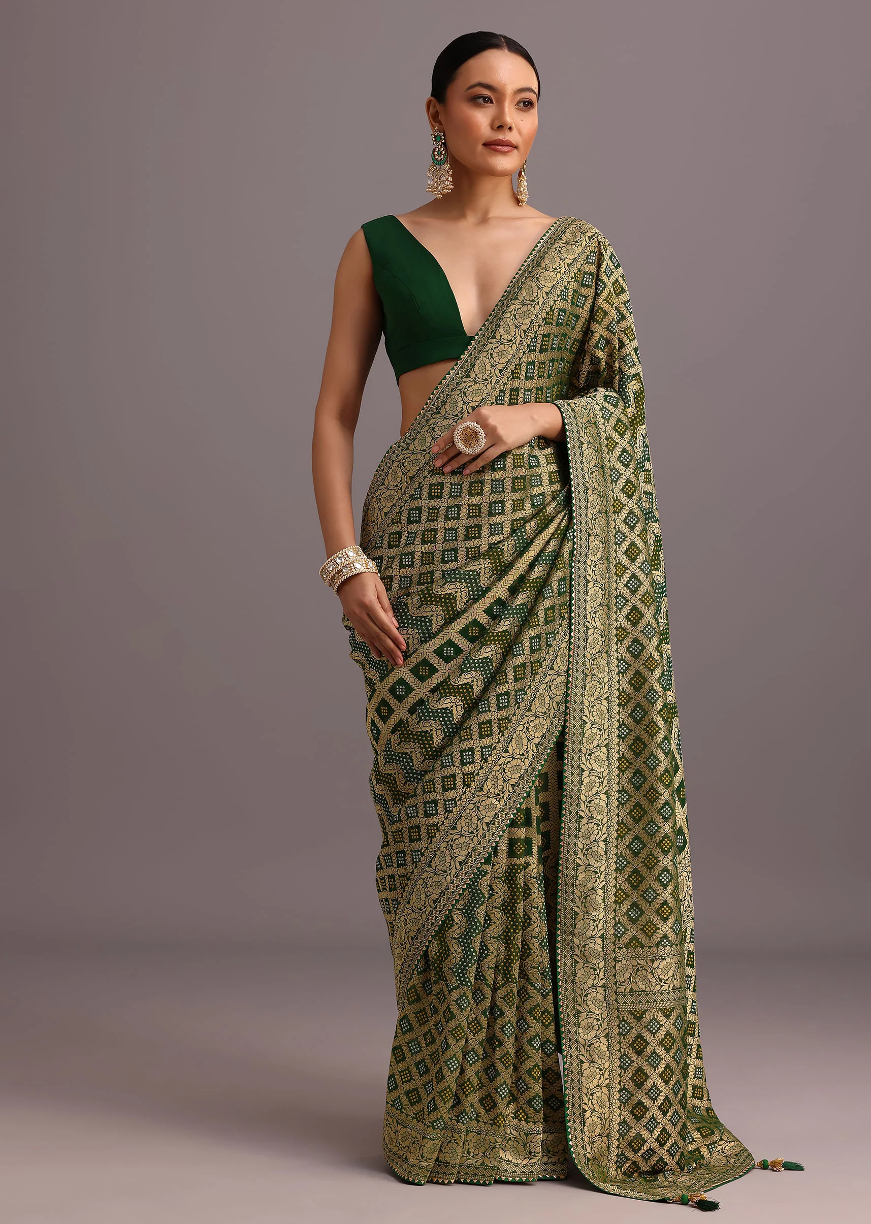Green Khaddi Georgette Bandhani Saree With Zari Jaal Motif Weave
