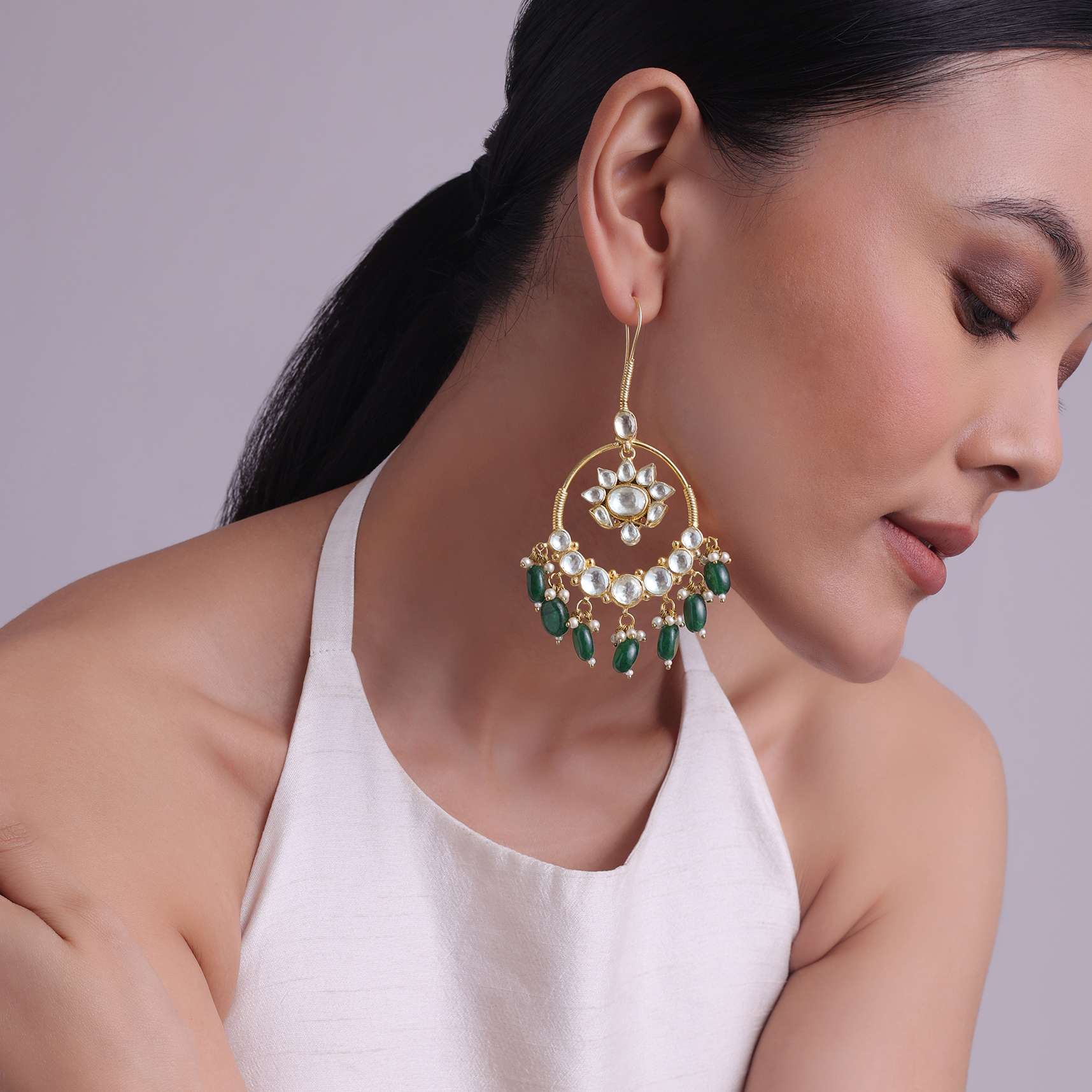 Green Kundan Chandabalis With Emerald Onyx Danglers - Image 3
