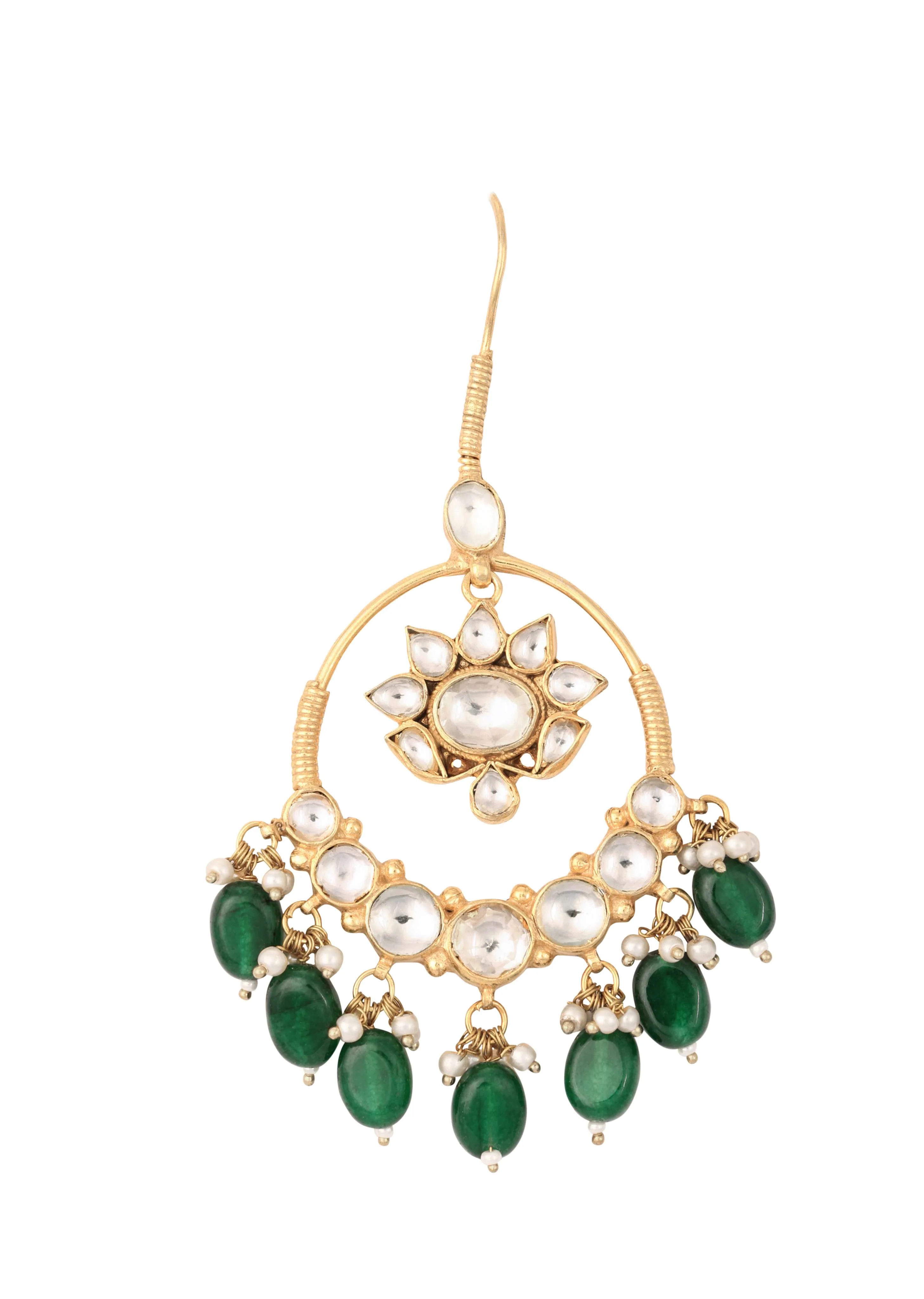 Green Kundan Chandabalis With Emerald Onyx Danglers - Image 4