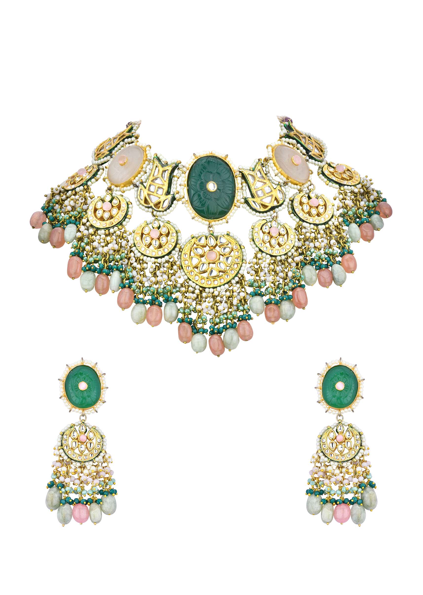 Green Kundan Choker Set With Carved Stones And Pink Beads - Image 4