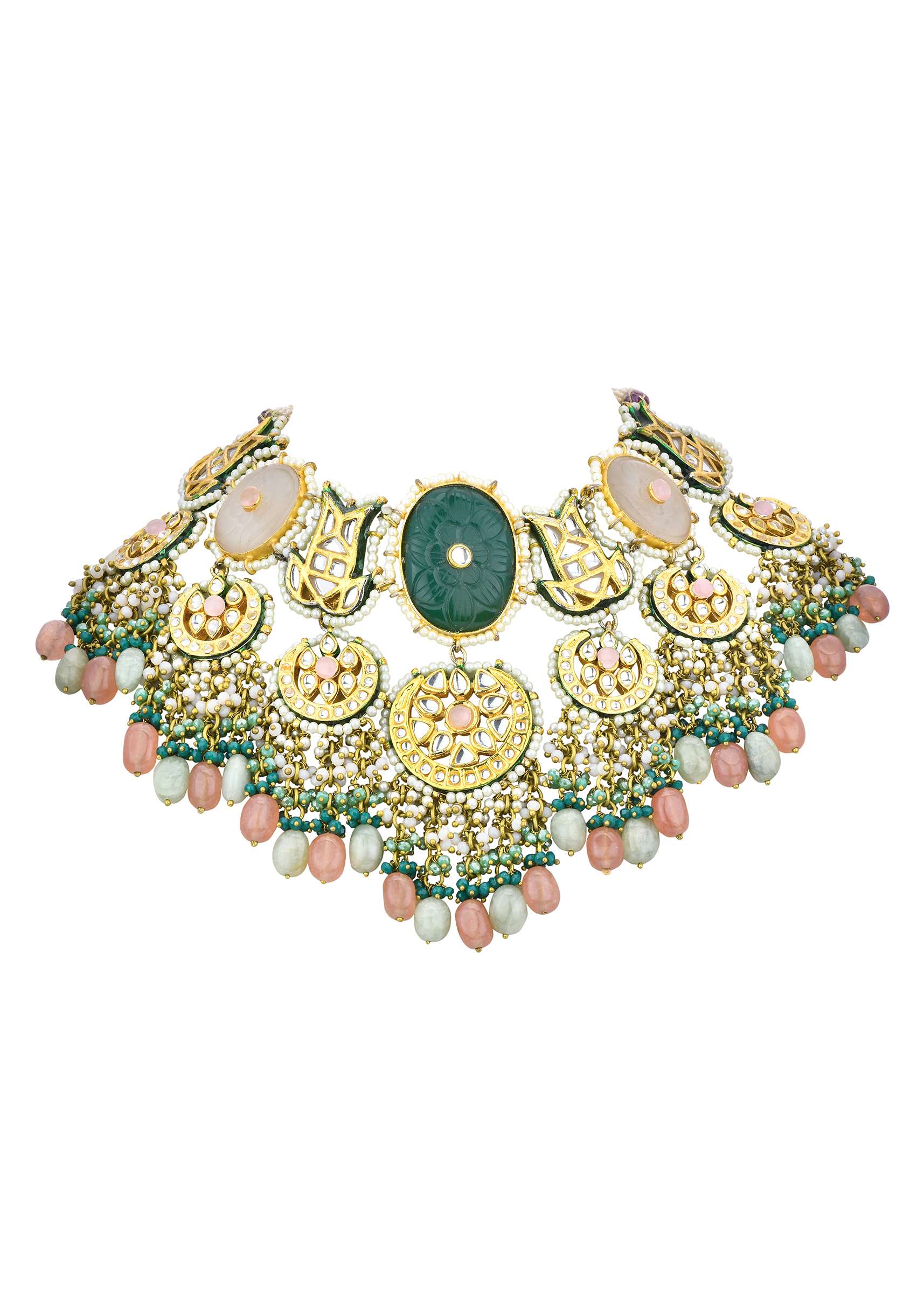 Green Kundan Choker Set With Carved Stones And Pink Beads - Image 5