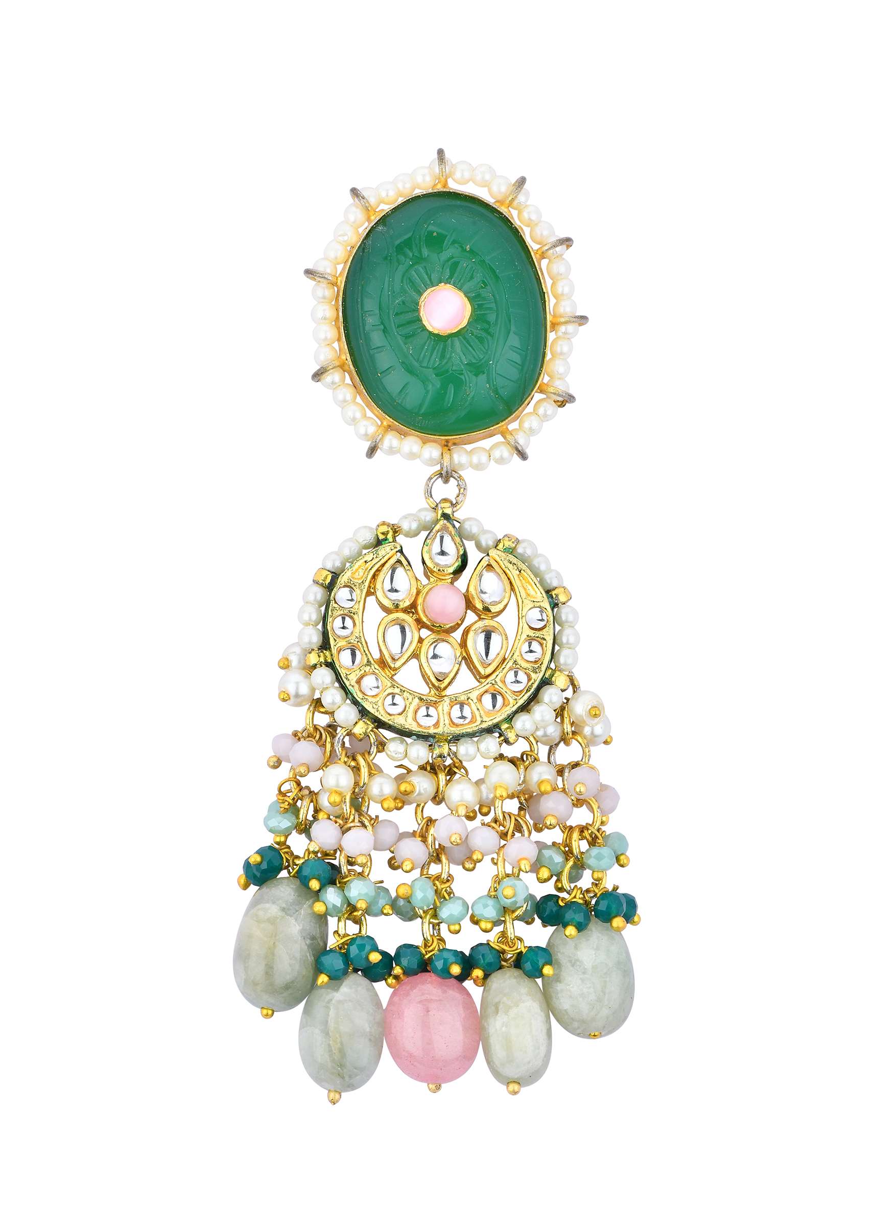 Green Kundan Choker Set With Carved Stones And Pink Beads - Image 7