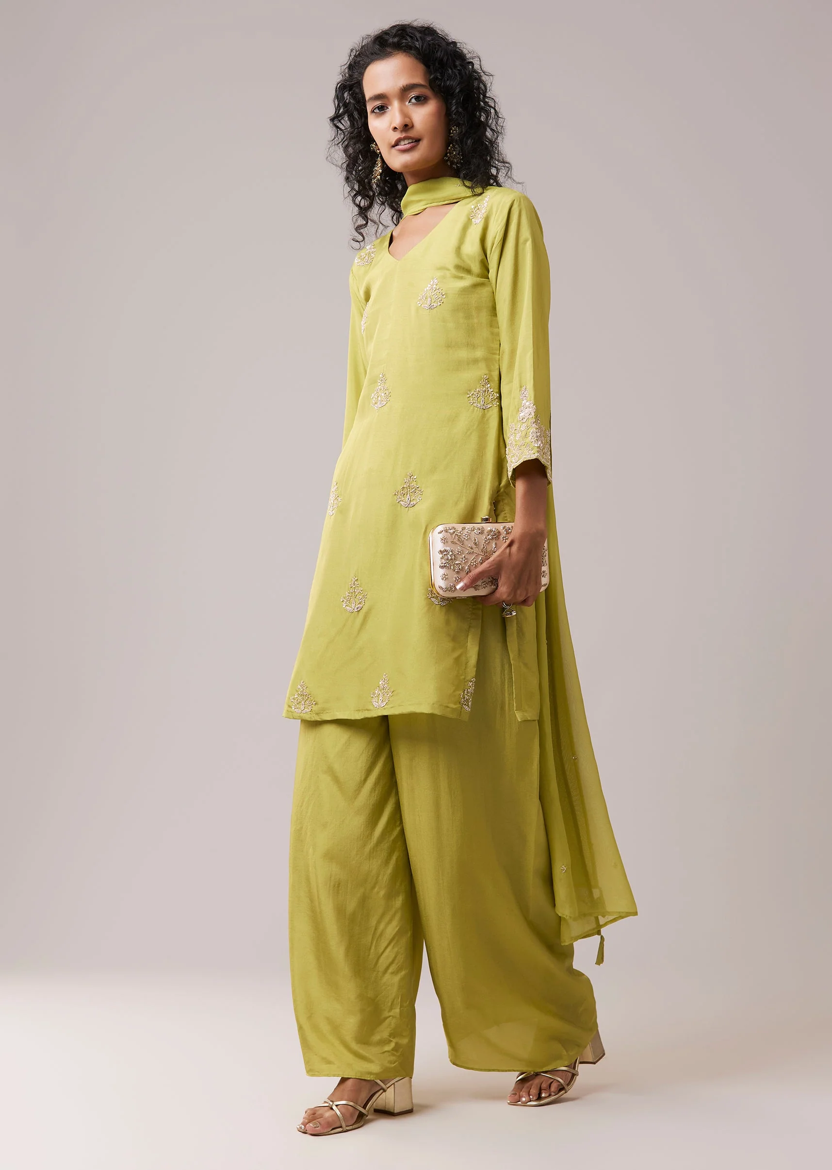 Green Kurta Palazzo Set in Silk with Cutdana Work - Image 2