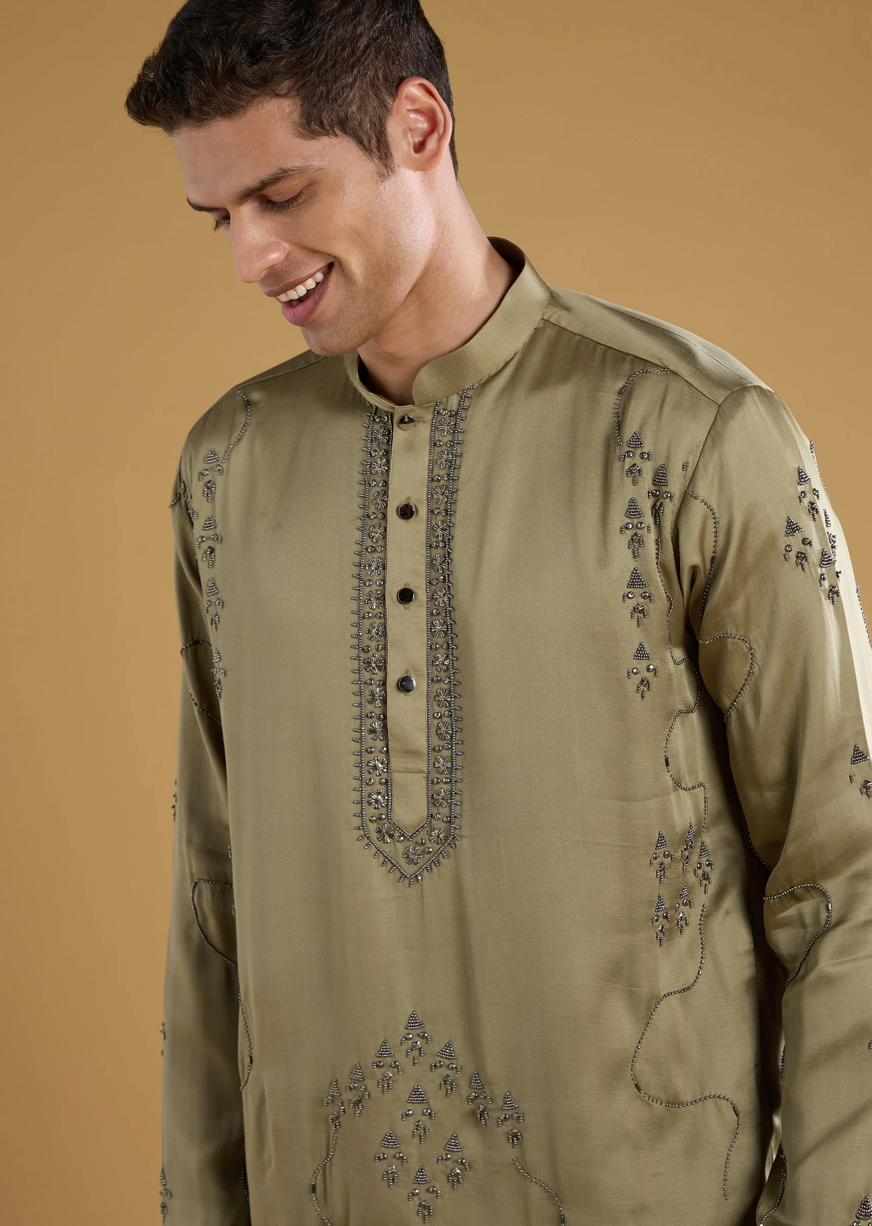 Green Linen Blend Silk Embroidered Mens Kurta Set with Dupatta - Image 4