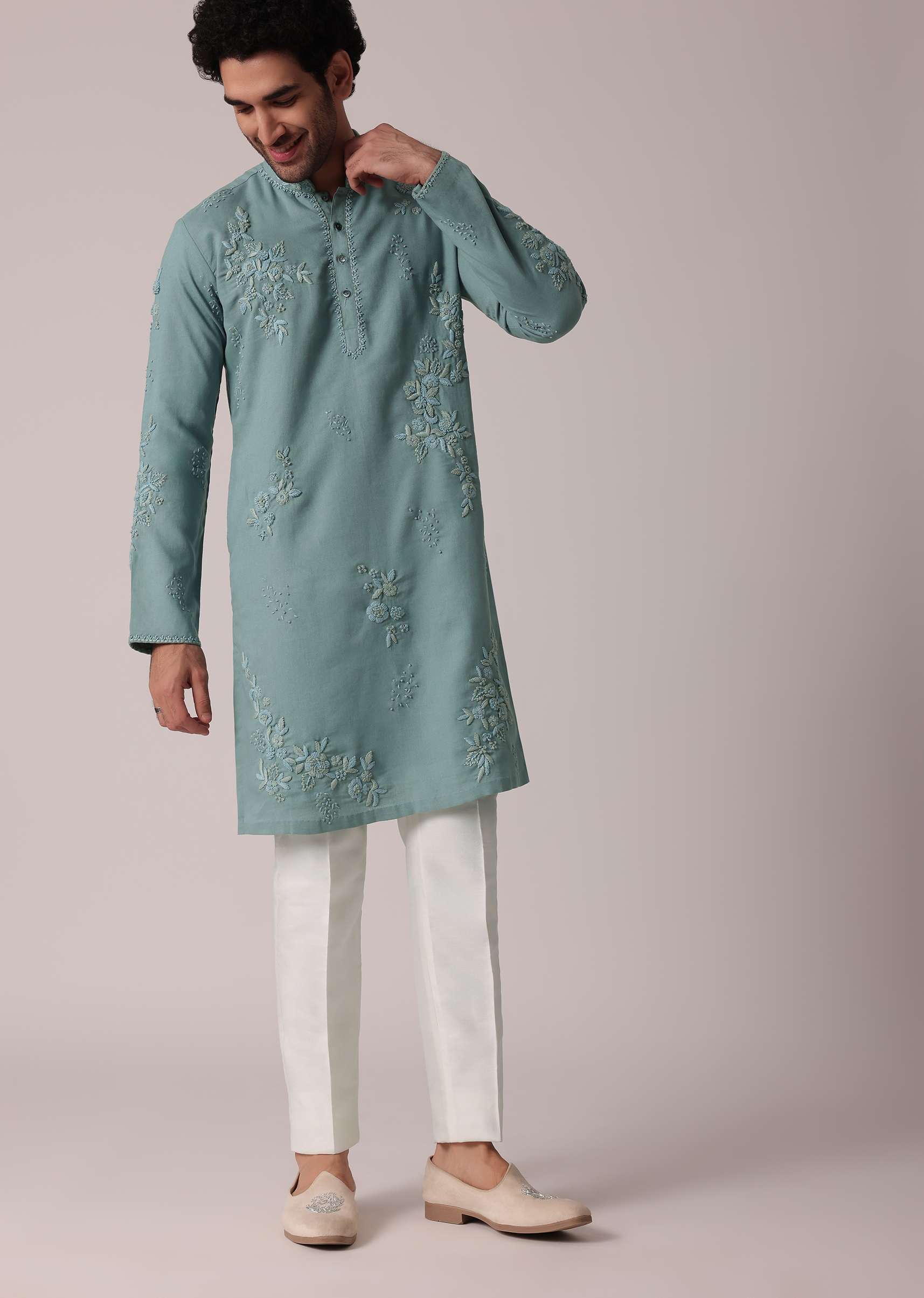 Green Linen Kurta Set For Festive - Image 2