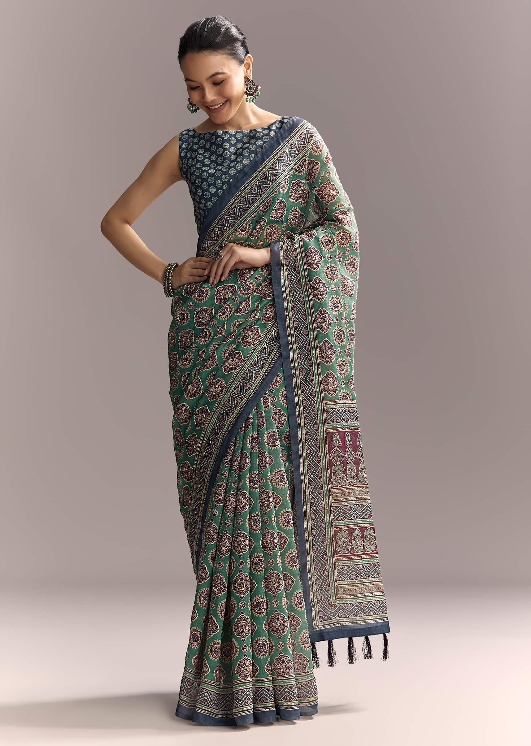 Green Linen Saree With Authentic Ajrakh Print And Indigo Border - Image 3