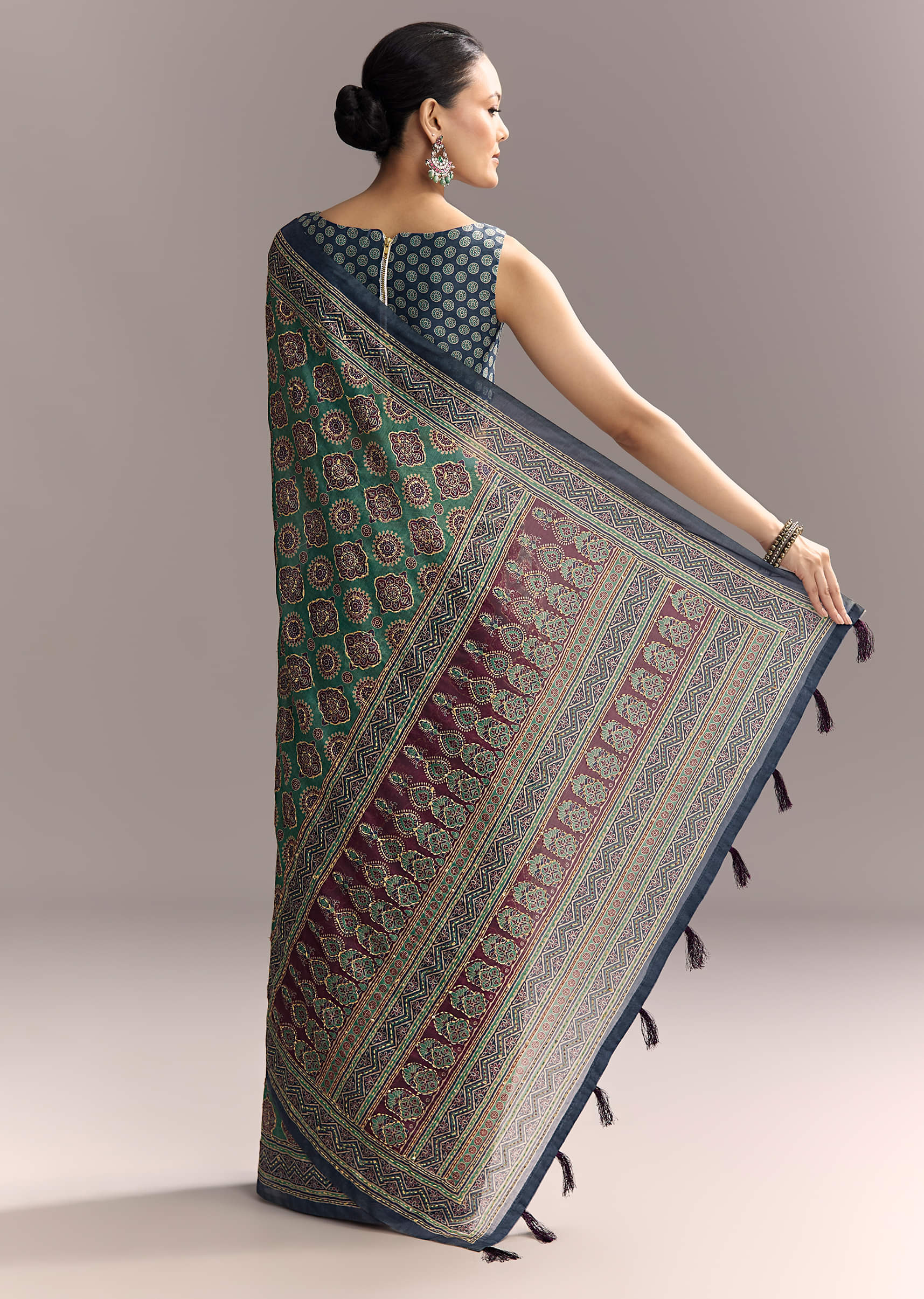 Green Linen Saree With Authentic Ajrakh Print And Indigo Border - Image 4