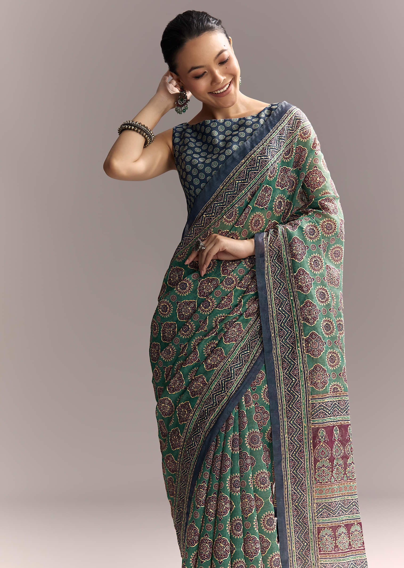 Green Linen Saree With Authentic Ajrakh Print And Indigo Border - Image 5