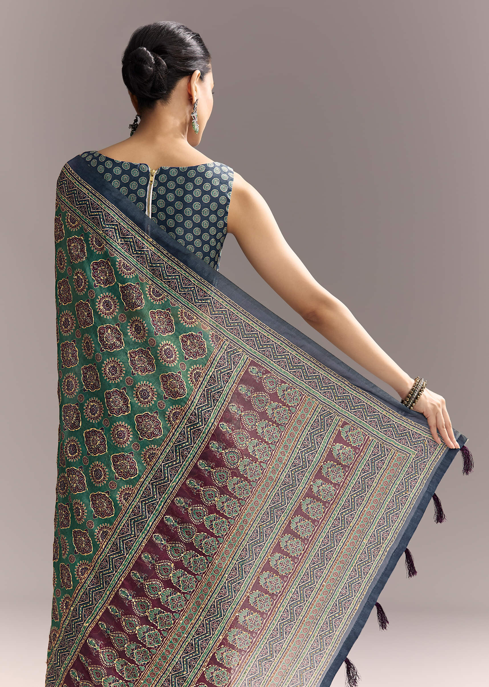 Green Linen Saree With Authentic Ajrakh Print And Indigo Border - Image 6
