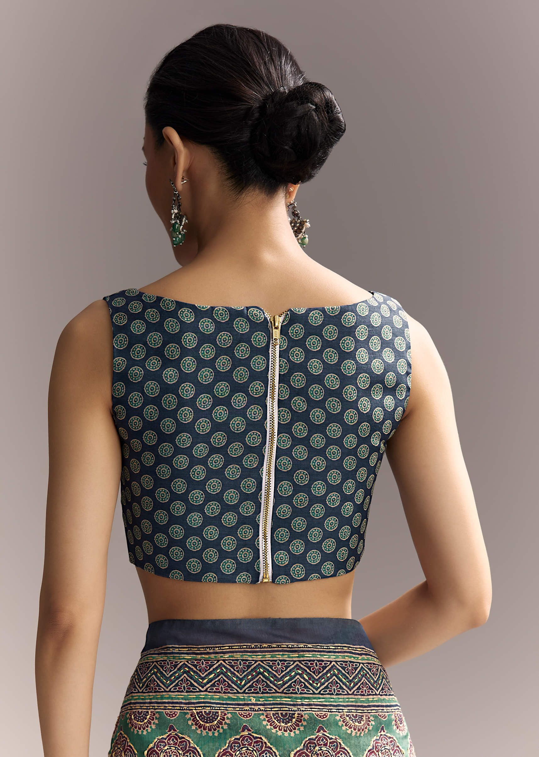 Green Linen Saree With Authentic Ajrakh Print And Indigo Border - Image 8