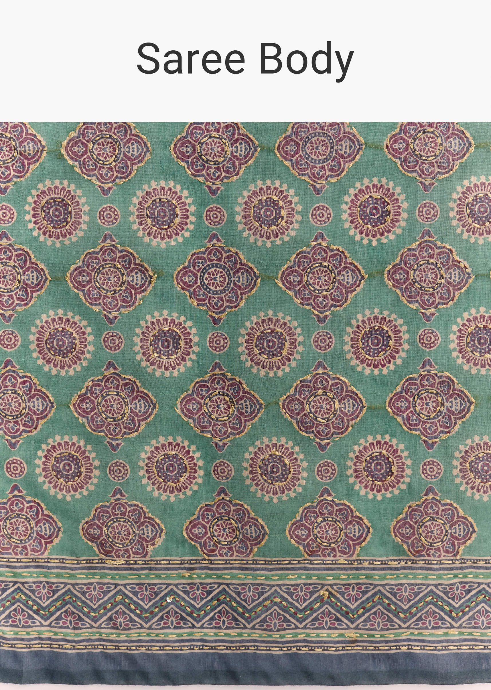 Green Linen Saree With Authentic Ajrakh Print And Indigo Border - Image 9