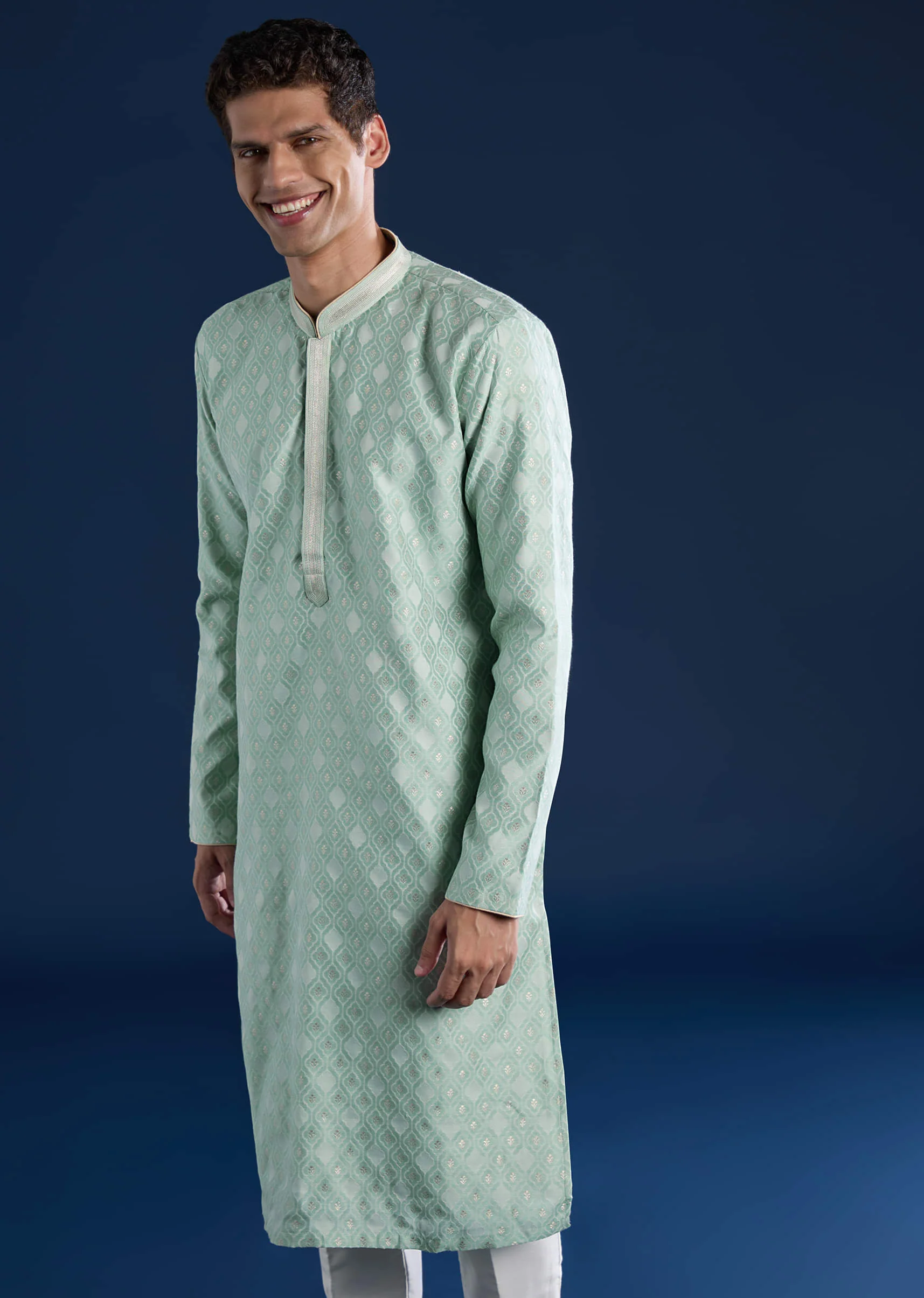 Green Mens Jacquard Self Work Kurta Set - Image 4