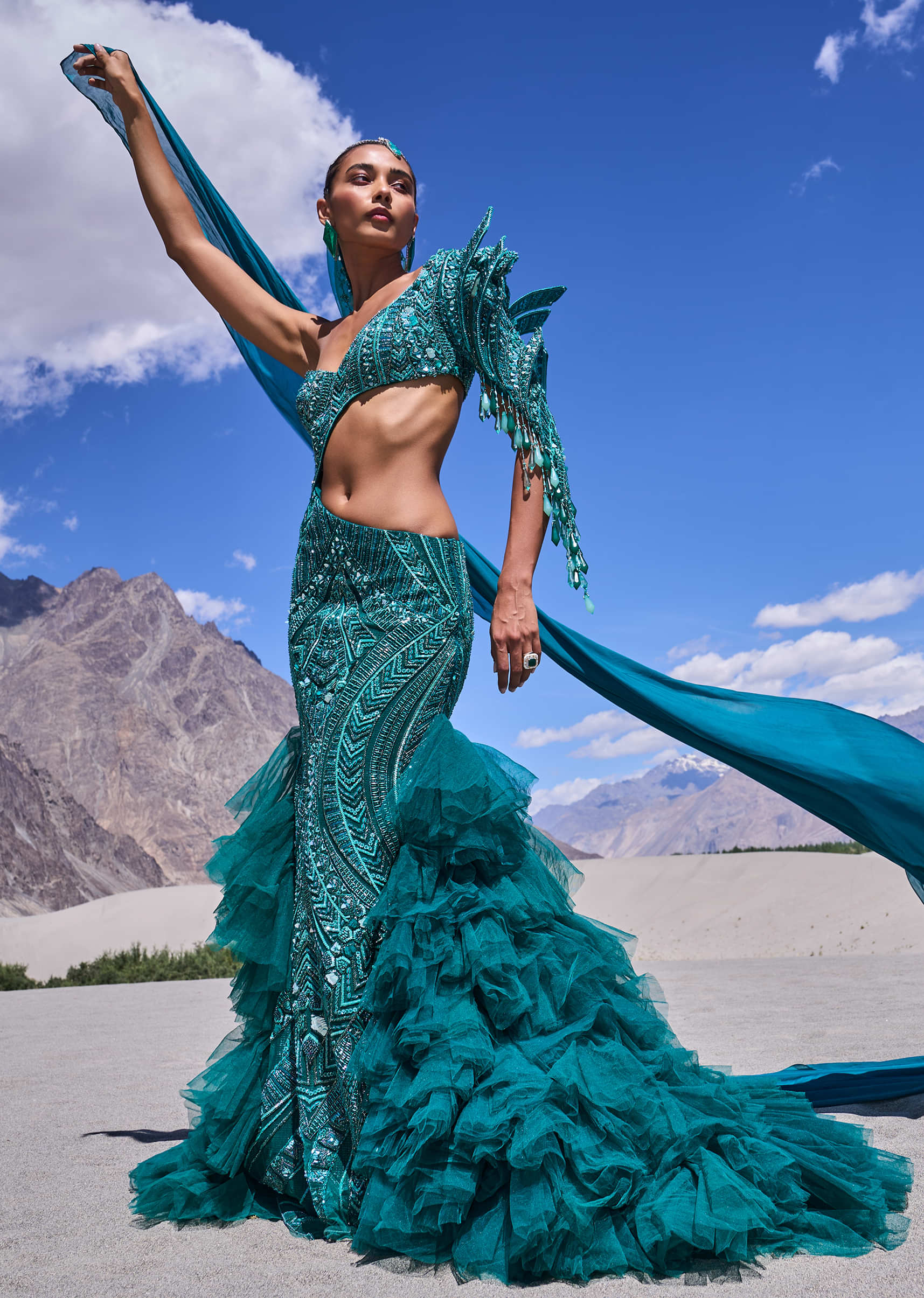 Green Mermaid Net Organza Fish Cut Gown - Image 3