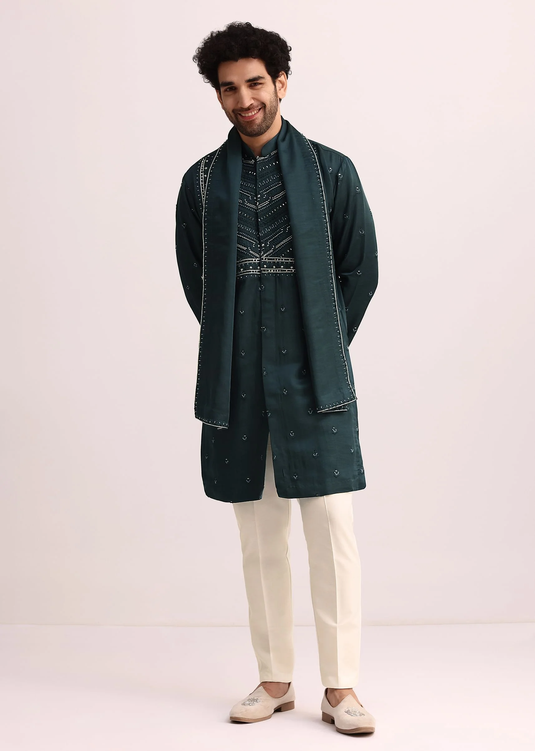 Green Mirror Embellished Kurta Set With Dupatta - Image 2