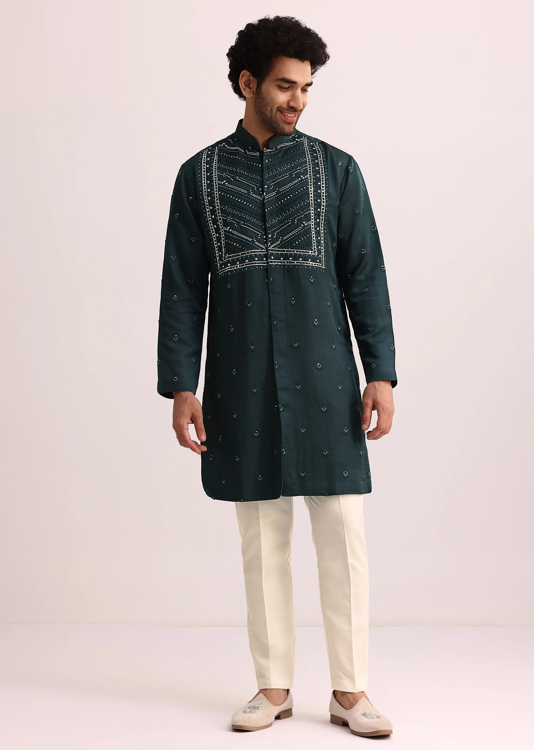 Green Mirror Embellished Kurta Set With Dupatta - Image 5