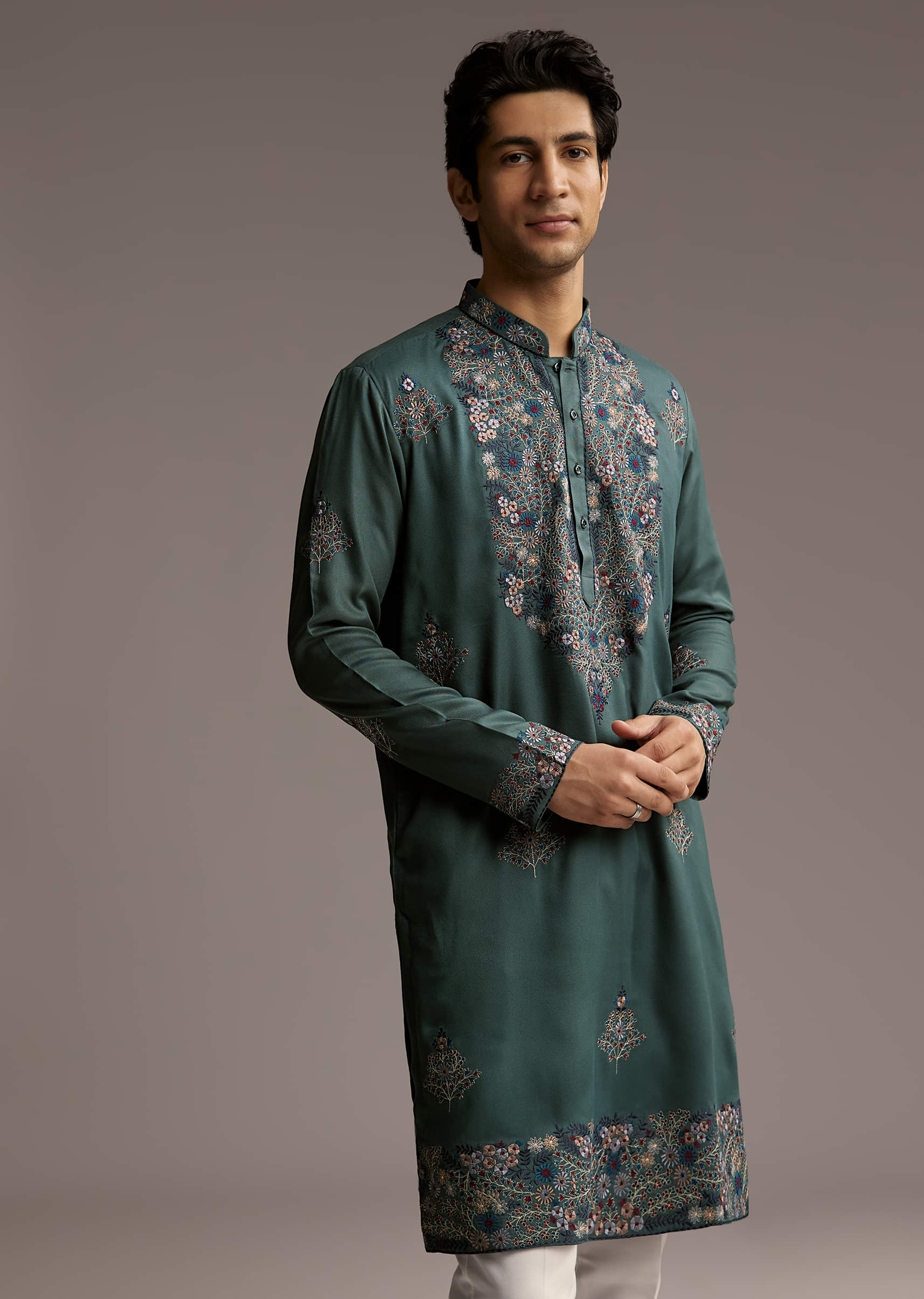 Green Modal Kurta Set For Men With Hand Embroidery - Image 4