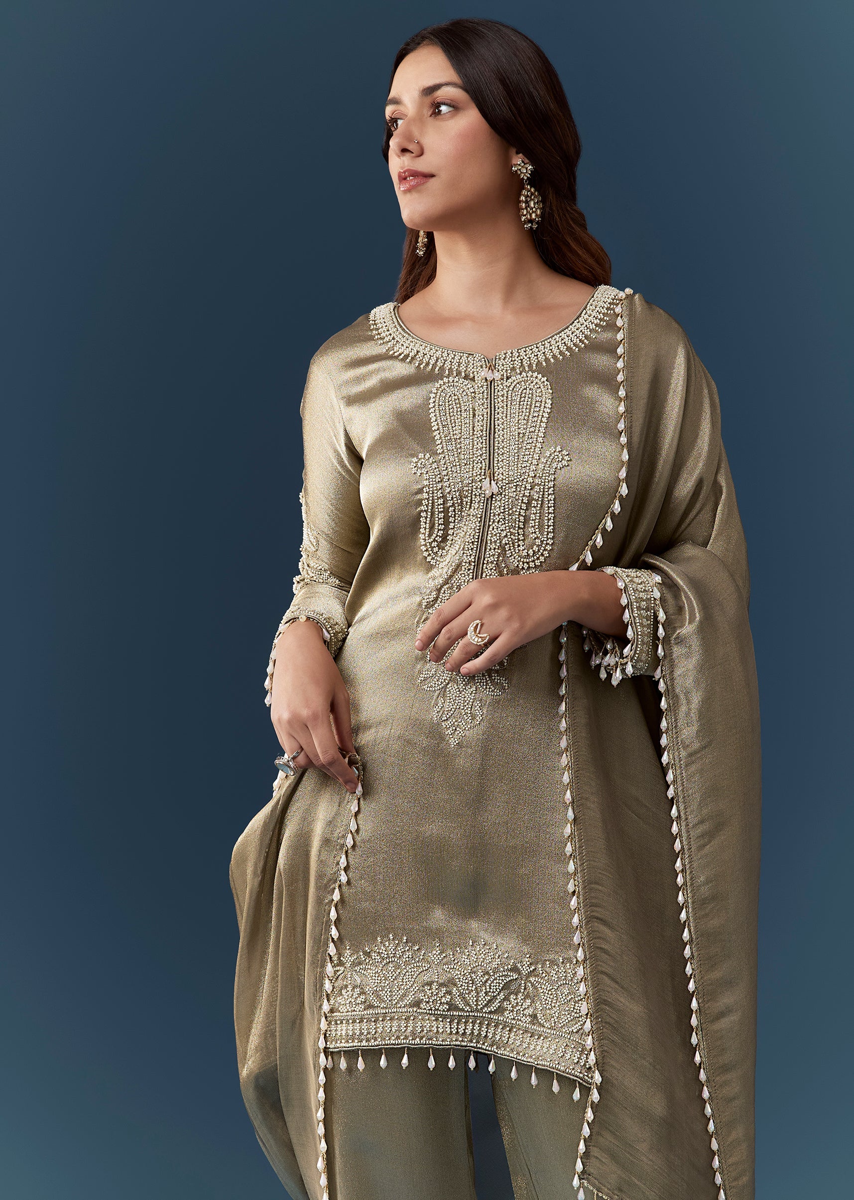 Green Moti Work Tissue Kurta Set - Image 3