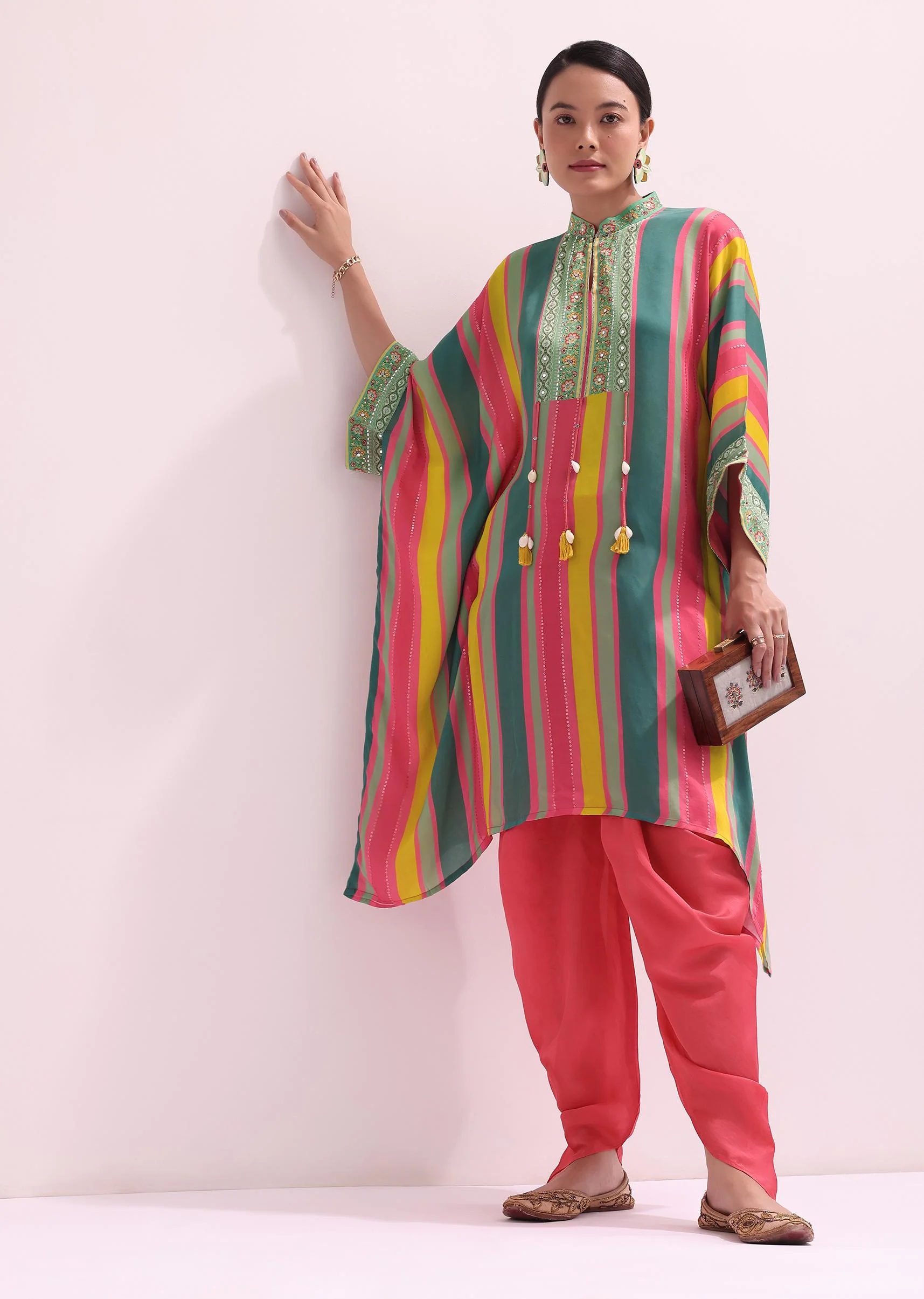 Green Multicolored Embroidered Dhoti Set - Image 3