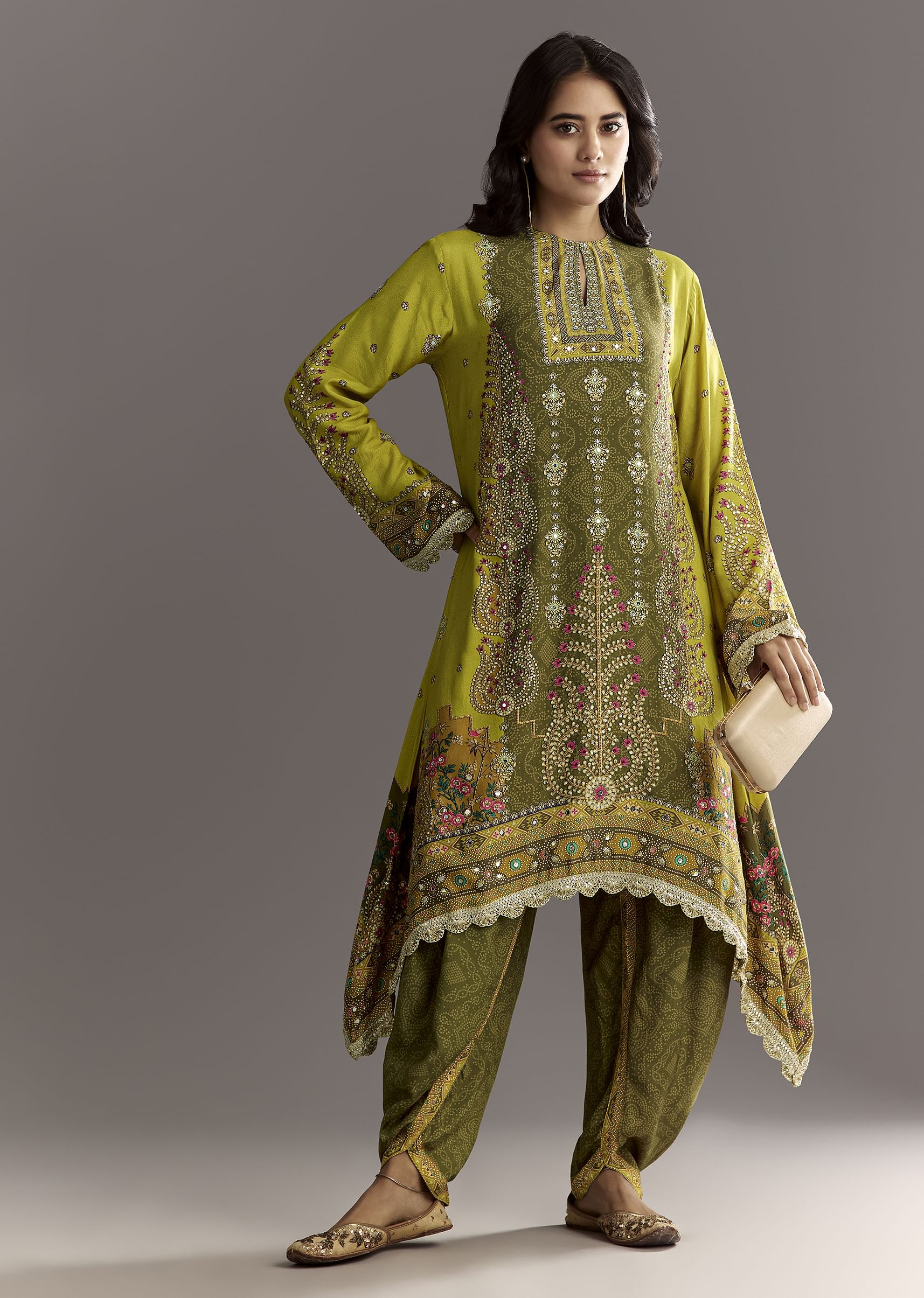 Green Muslin Floral And Bandhani Printed Asymmetrical Cut Kurta Dhoti