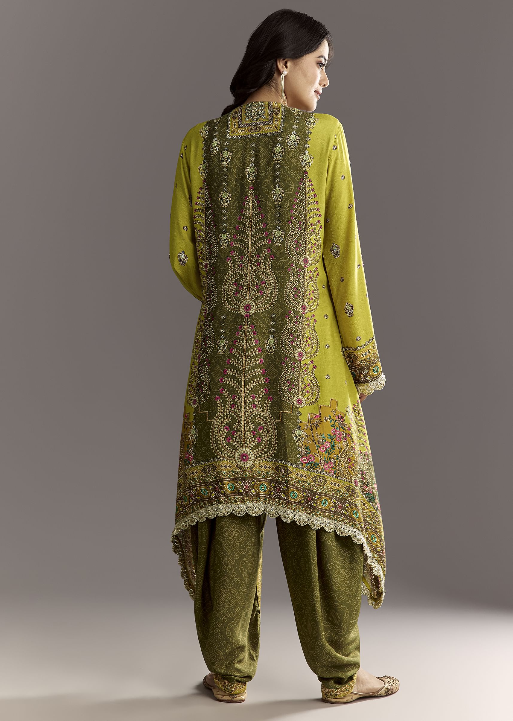 Green Muslin Floral And Bandhani Printed Asymmetrical Cut Kurta Dhoti - Image 5