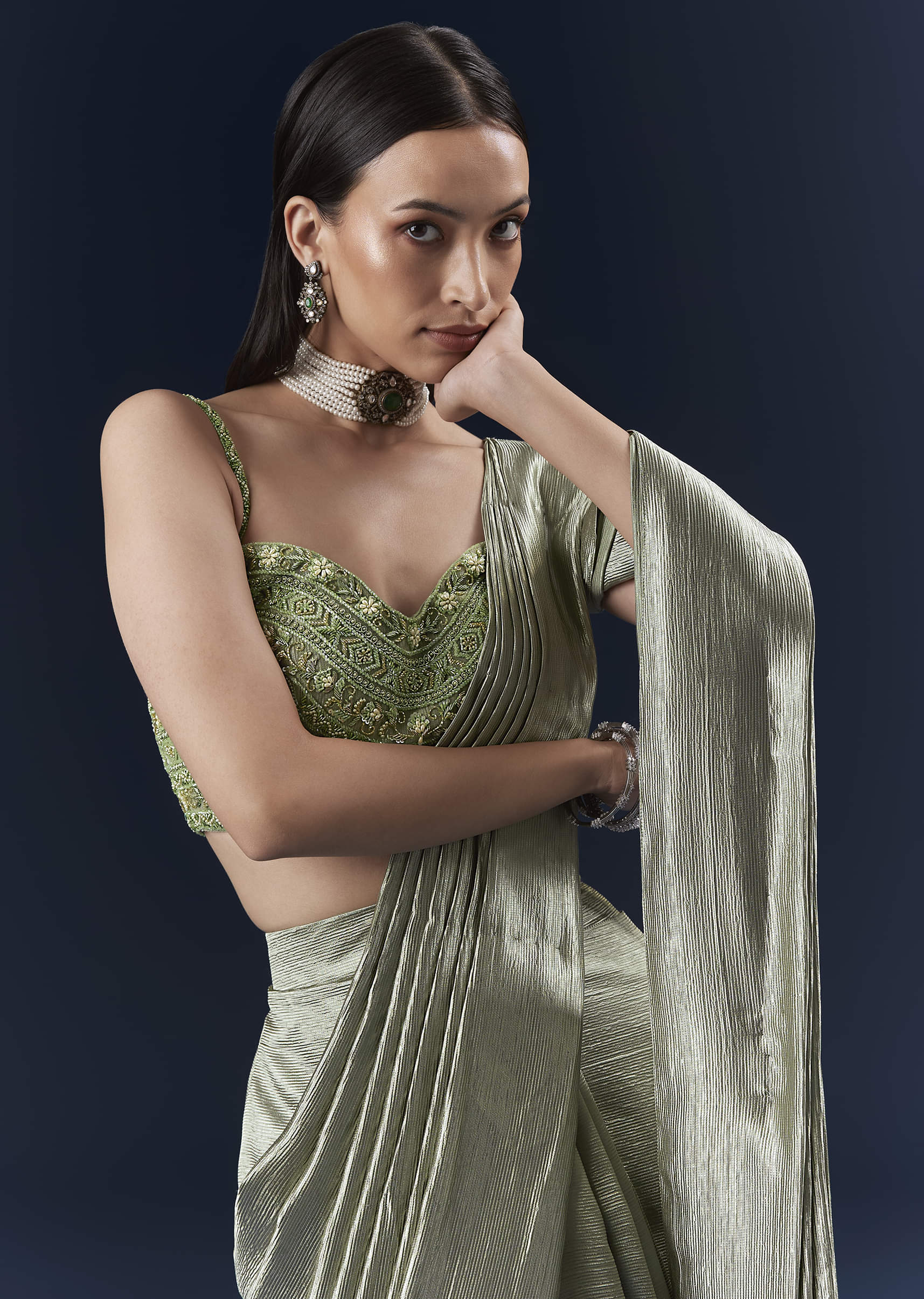 Green Net Ready Pleated Saree With Embroidery - Image 5