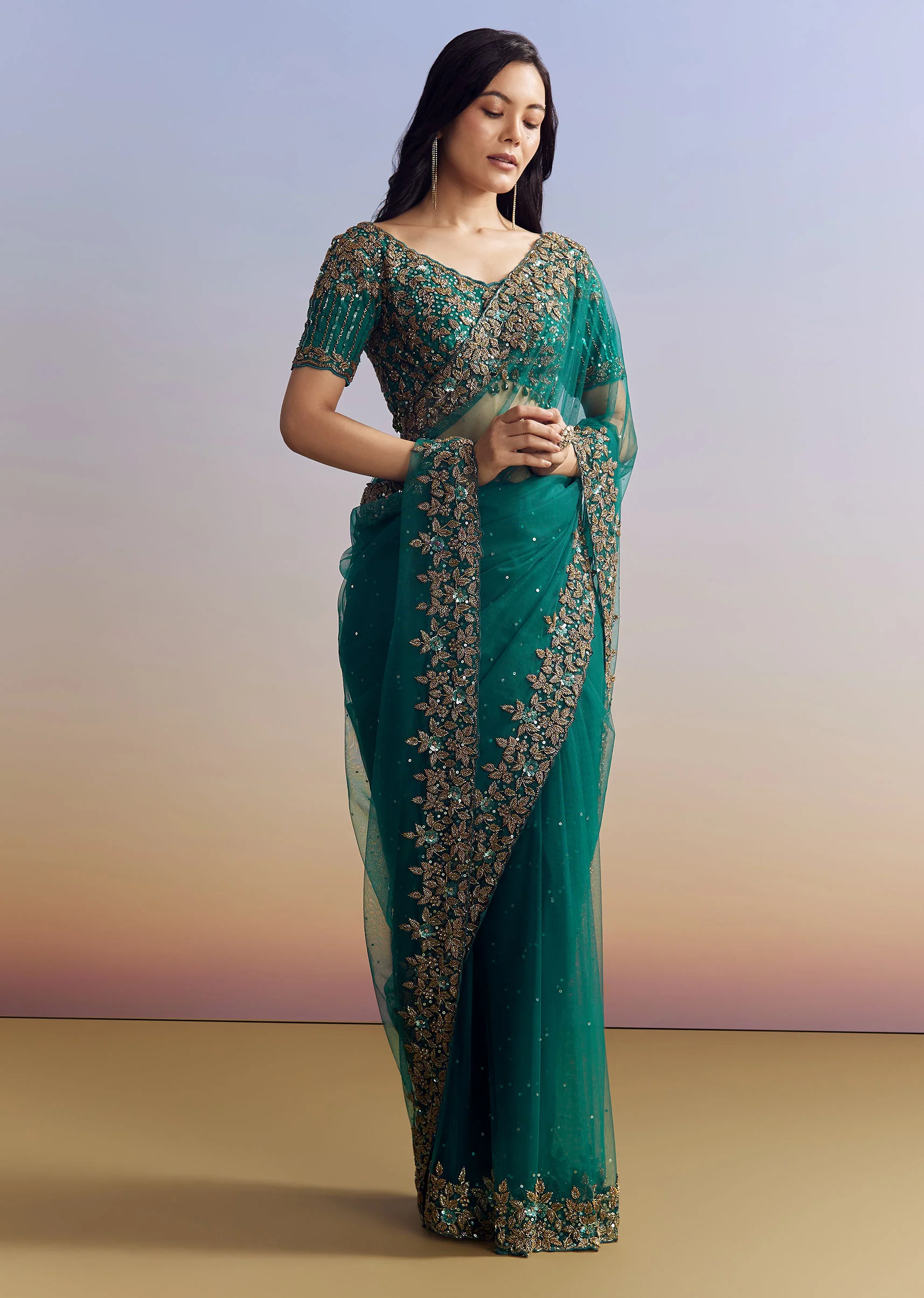 Green Net Saree Featuring Heavy Embroidered Border - Image 2