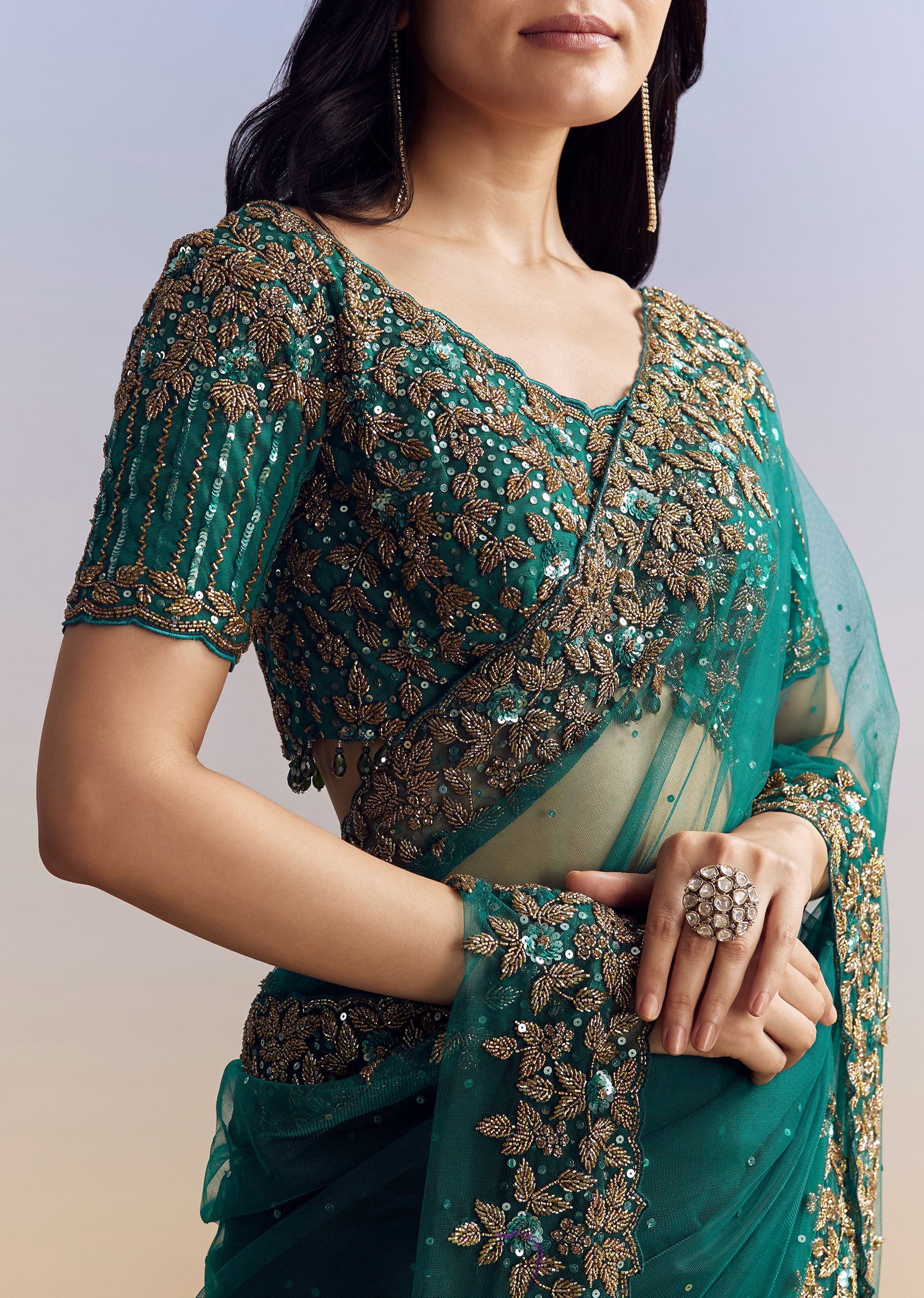 Green Net Saree Featuring Heavy Embroidered Border - Image 3