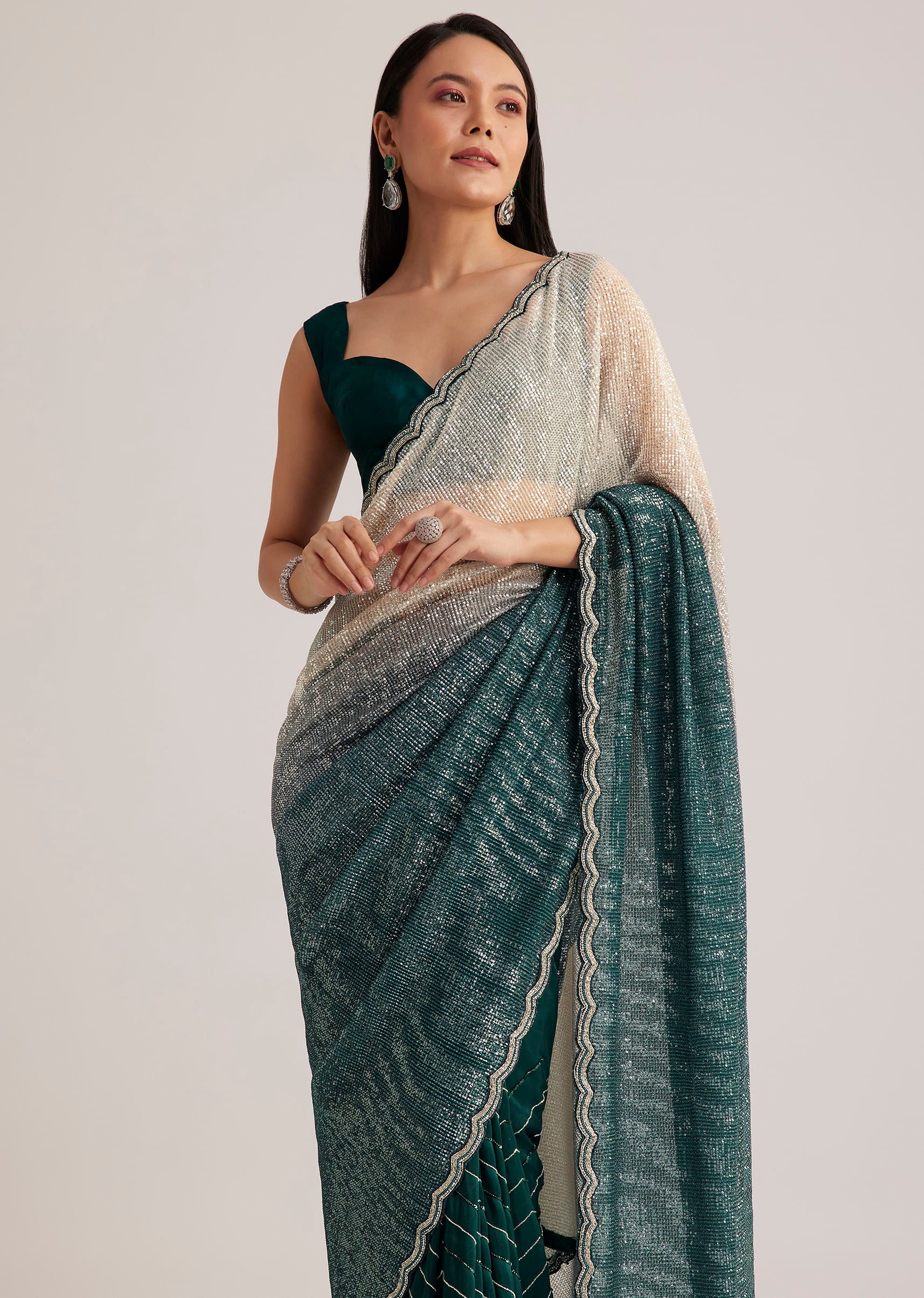Green Ombre Saree With Sequins And Scallop Embroidery - Image 2