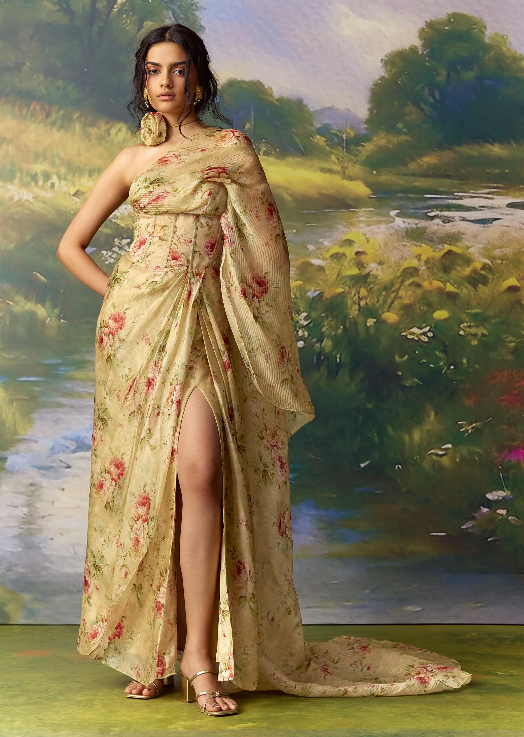 Green Organza Printed Draped Corset Saree - Image 4