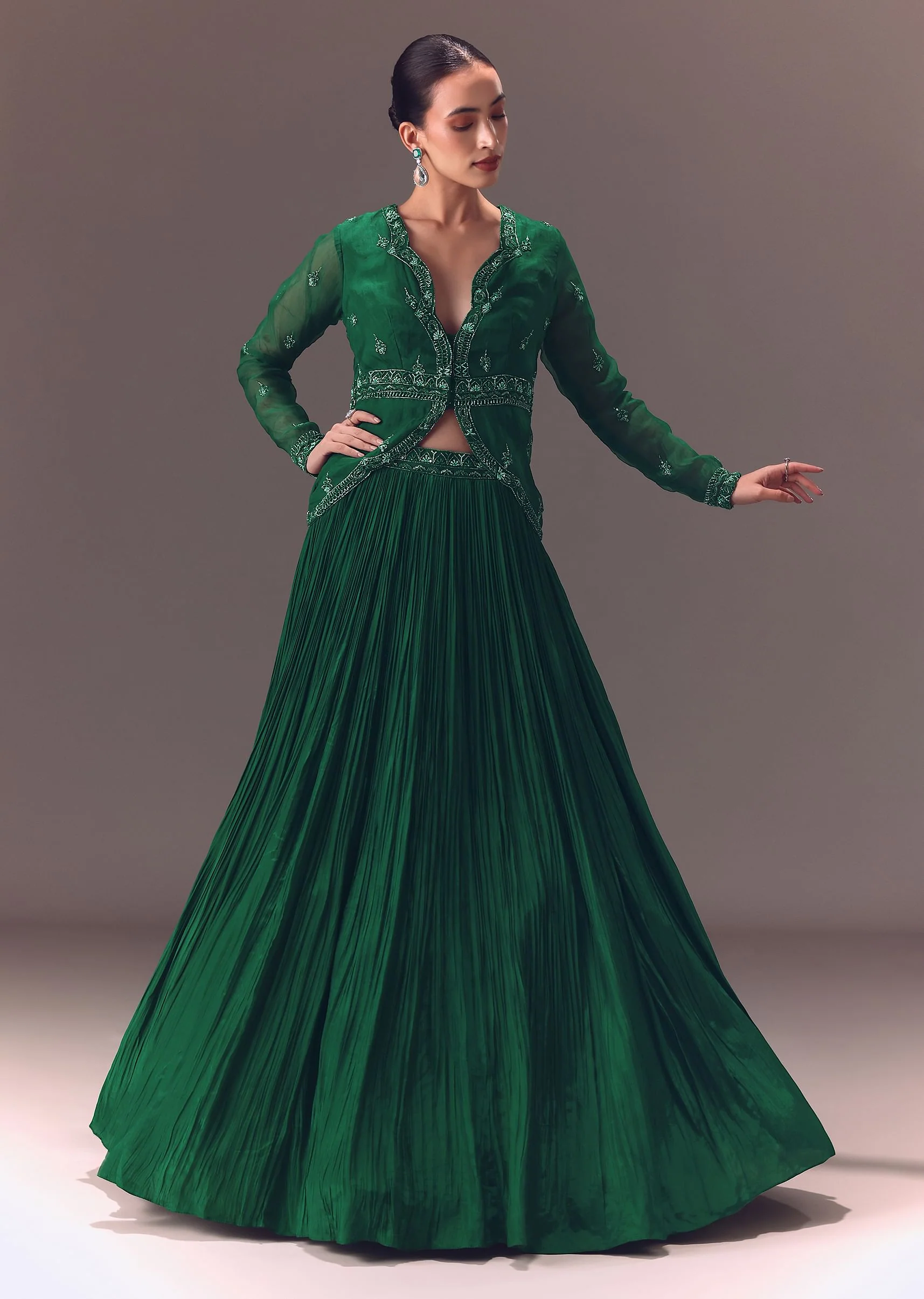 Green Organza Ruched Lehenga With Hand Embellished Jacket - Image 3