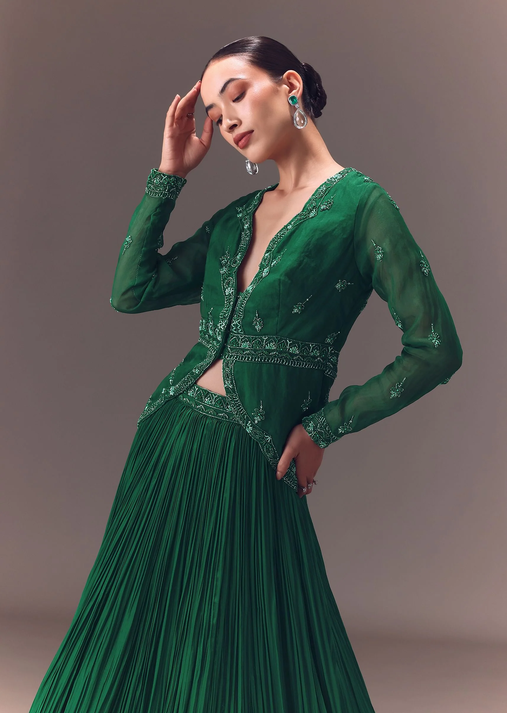 Green Organza Ruched Lehenga With Hand Embellished Jacket - Image 4