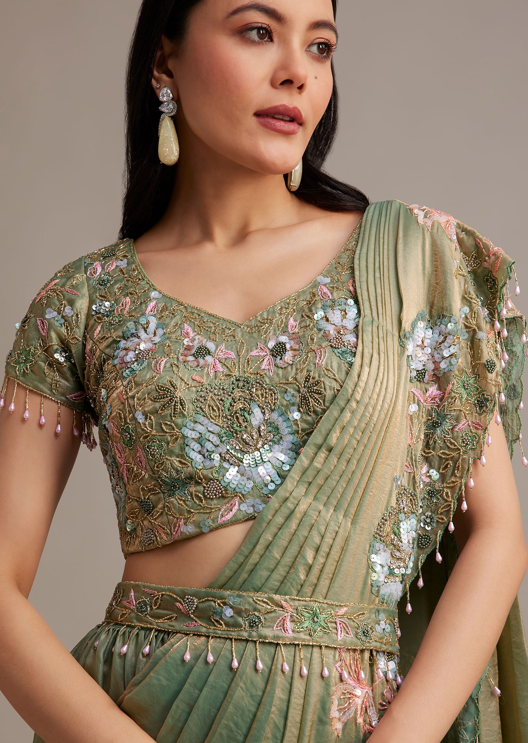 Green Organza Tissue Lehenga Set With Sequins And Bead Work - Image 2