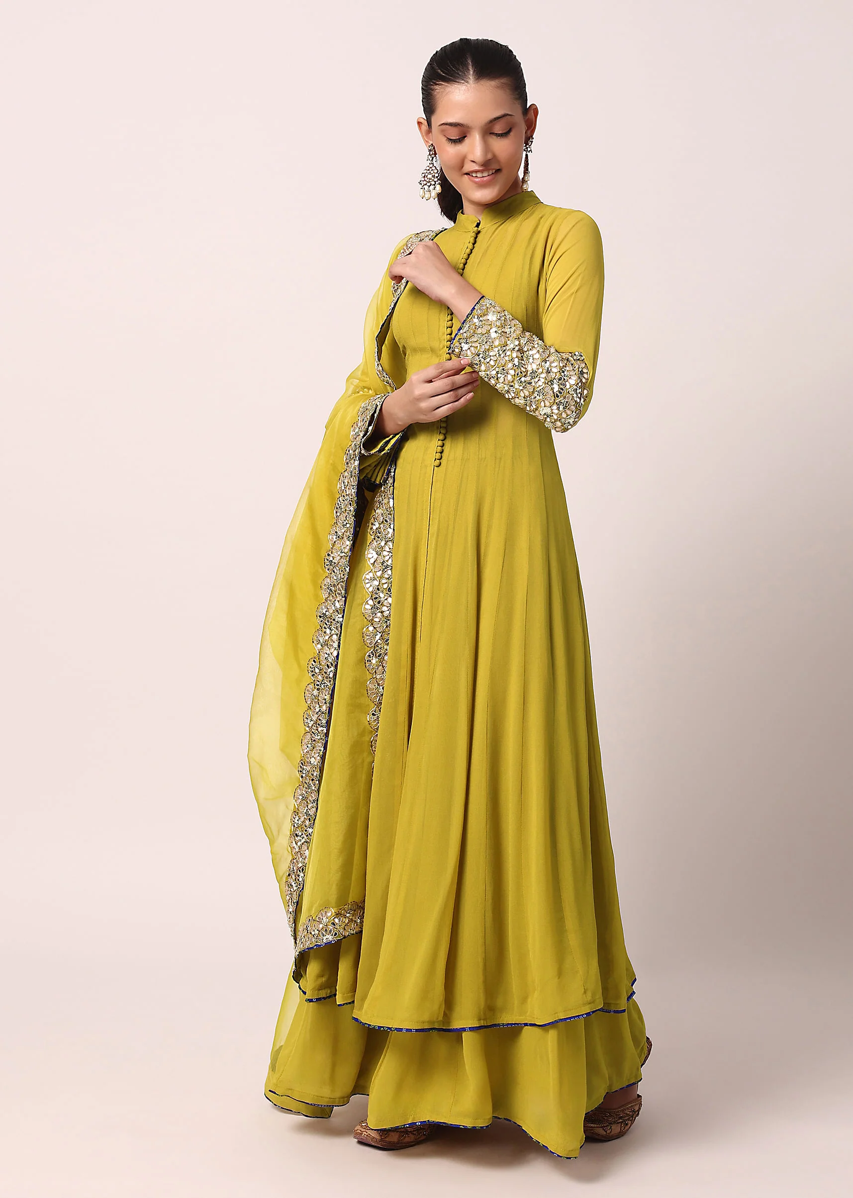 Green Palazzo Set With Embroidered Anarkali - Image 4