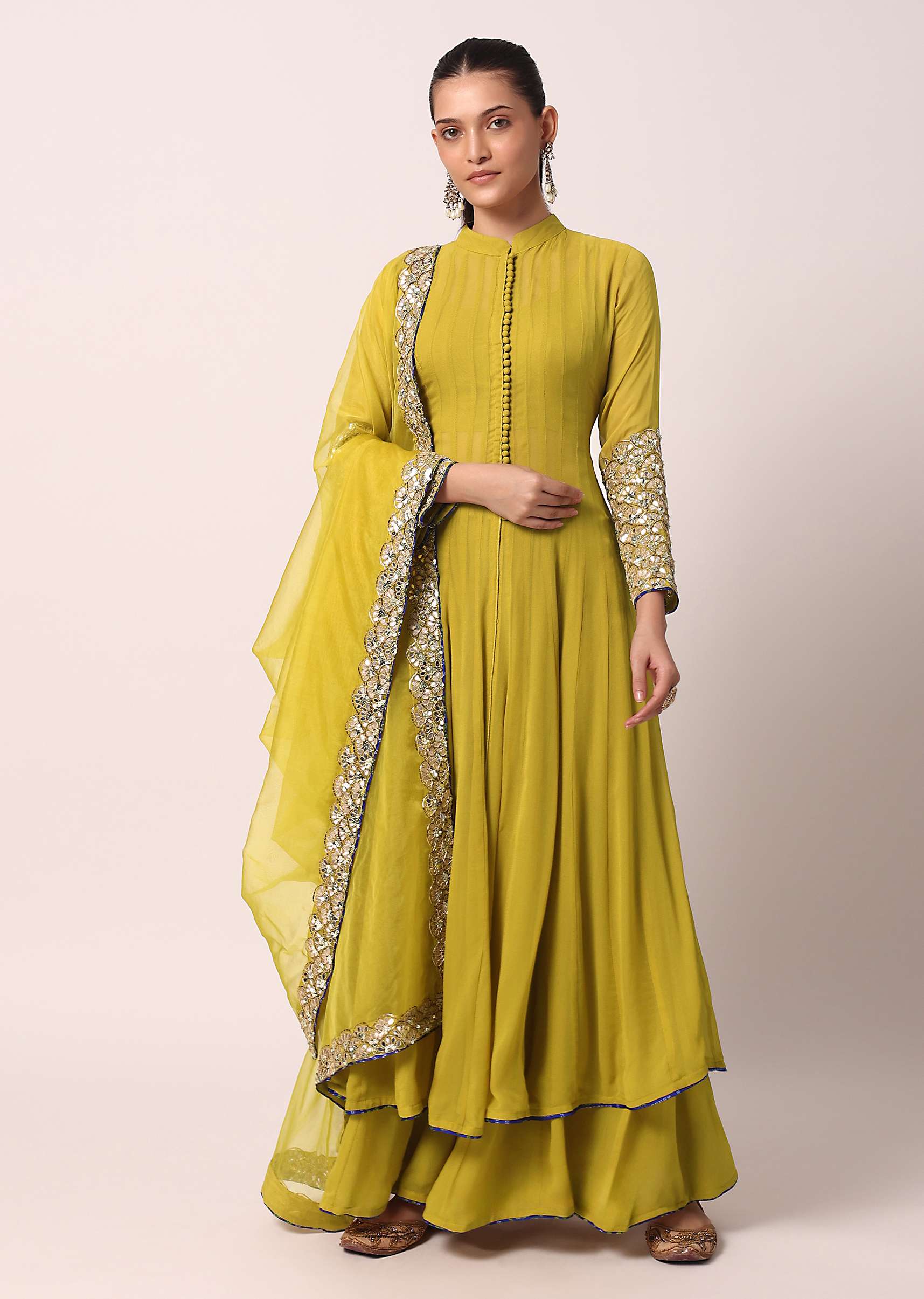 Green Palazzo Set With Embroidered Anarkali - Image 6