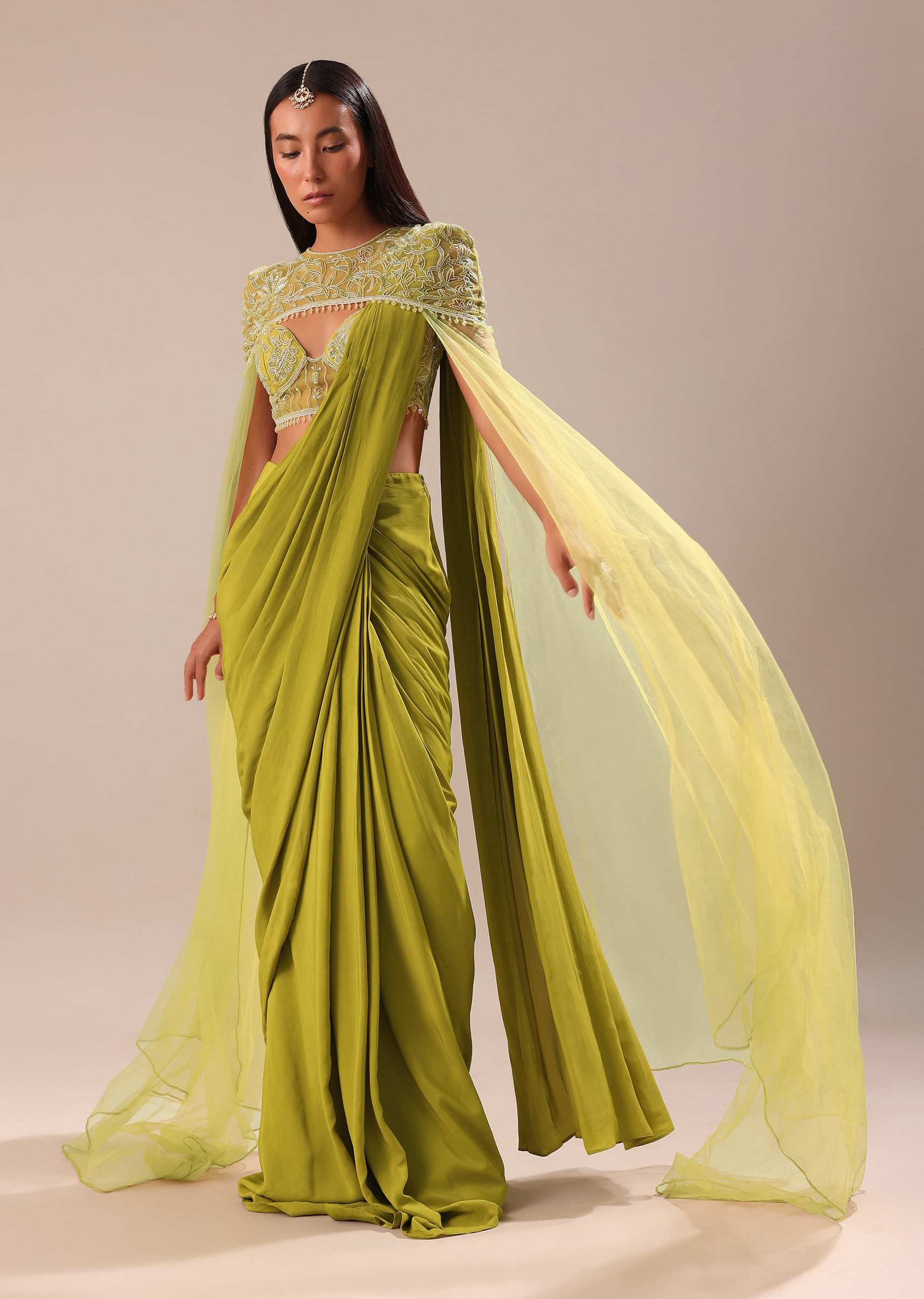 Green Pre Stitched Saree With Blouse And Zardozi Draped Cape - Image 3