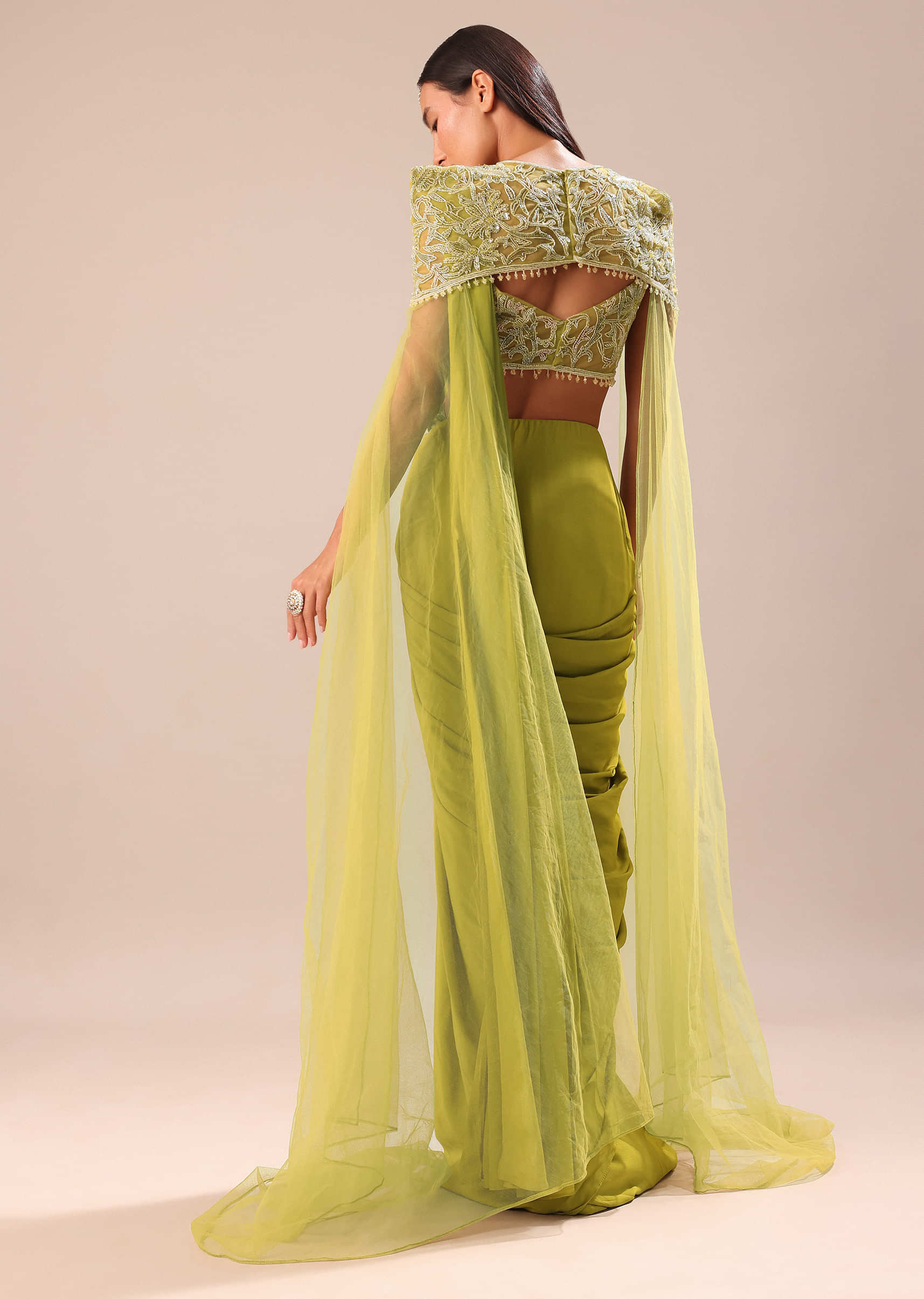 Green Pre Stitched Saree With Blouse And Zardozi Draped Cape - Image 5