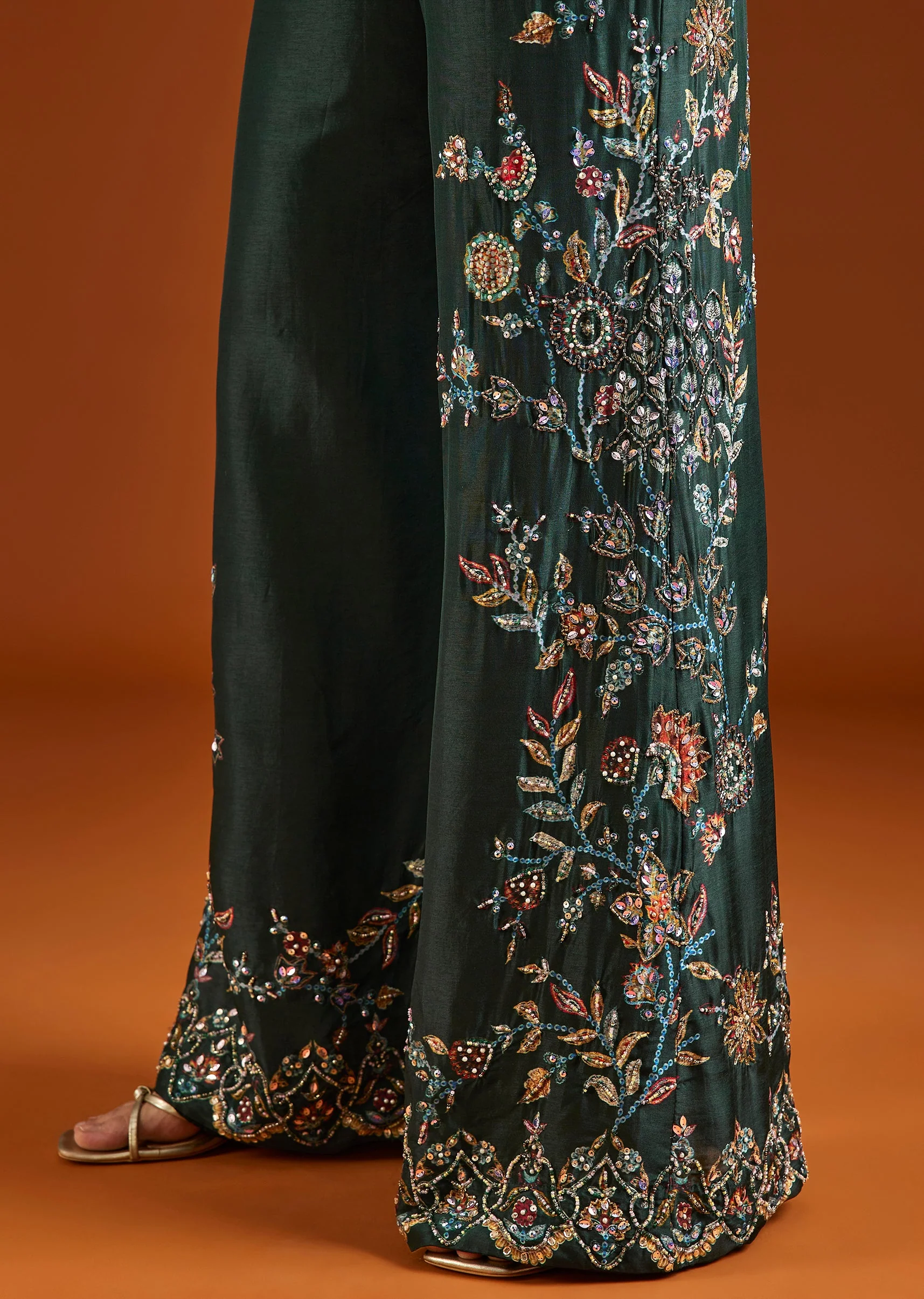 Green Printed Silk Blend Crop Top Palazzo Set - Image 4