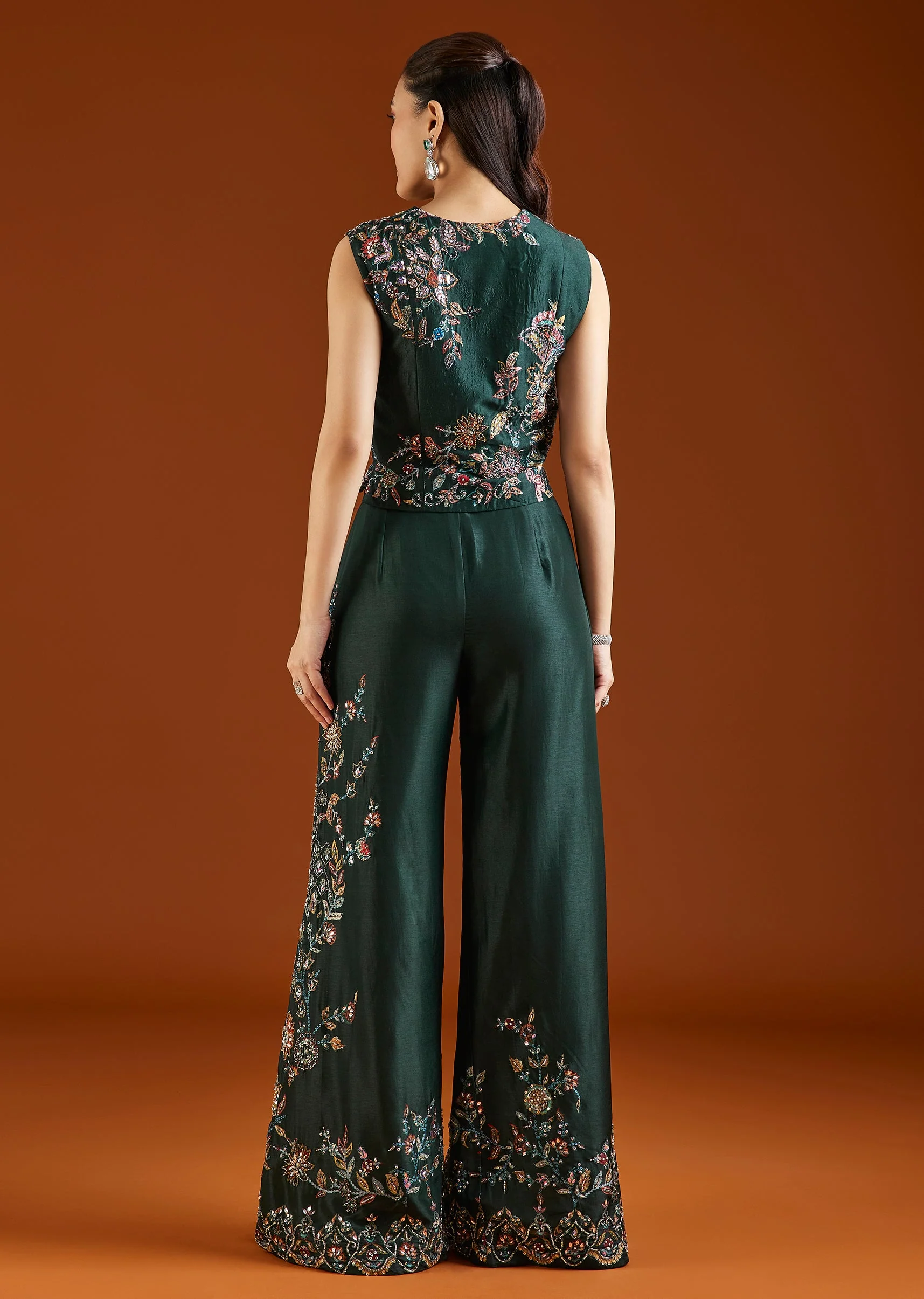 Green Printed Silk Blend Crop Top Palazzo Set - Image 6