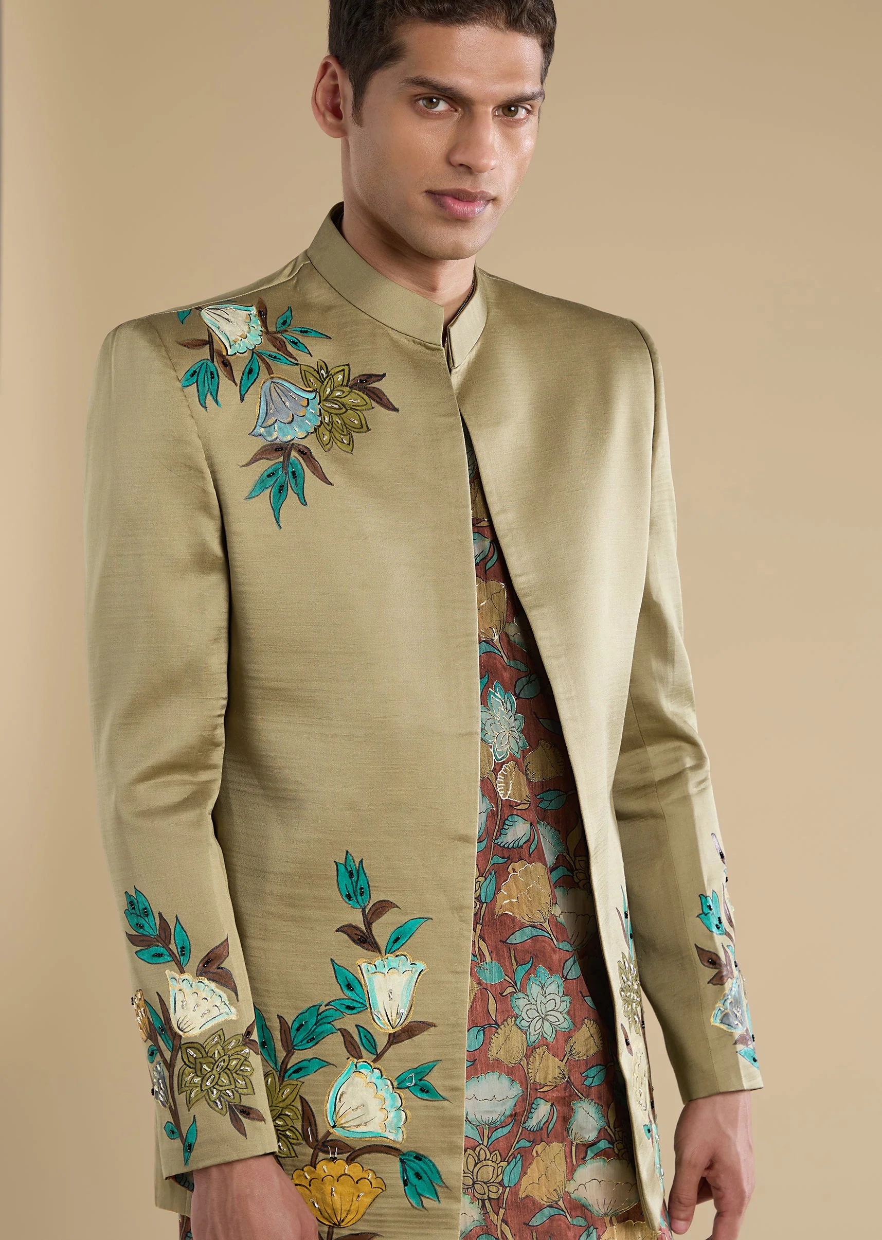 Green Printed Silk Jodhpuri Set - Image 2