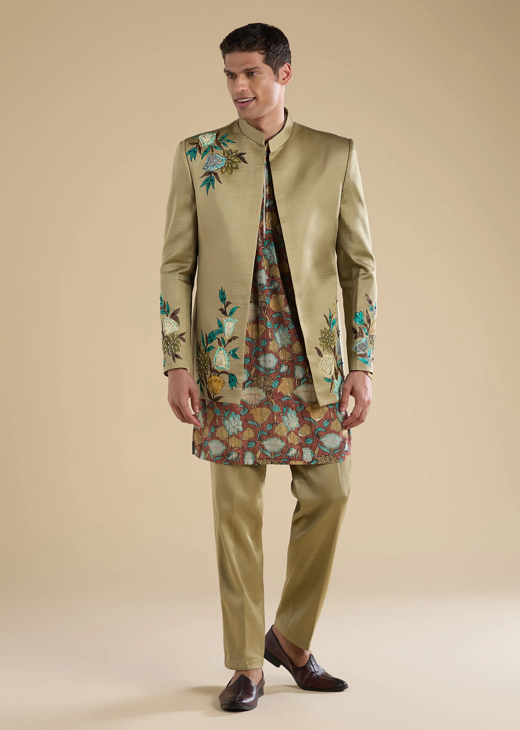 Green Printed Silk Jodhpuri Set - Image 3