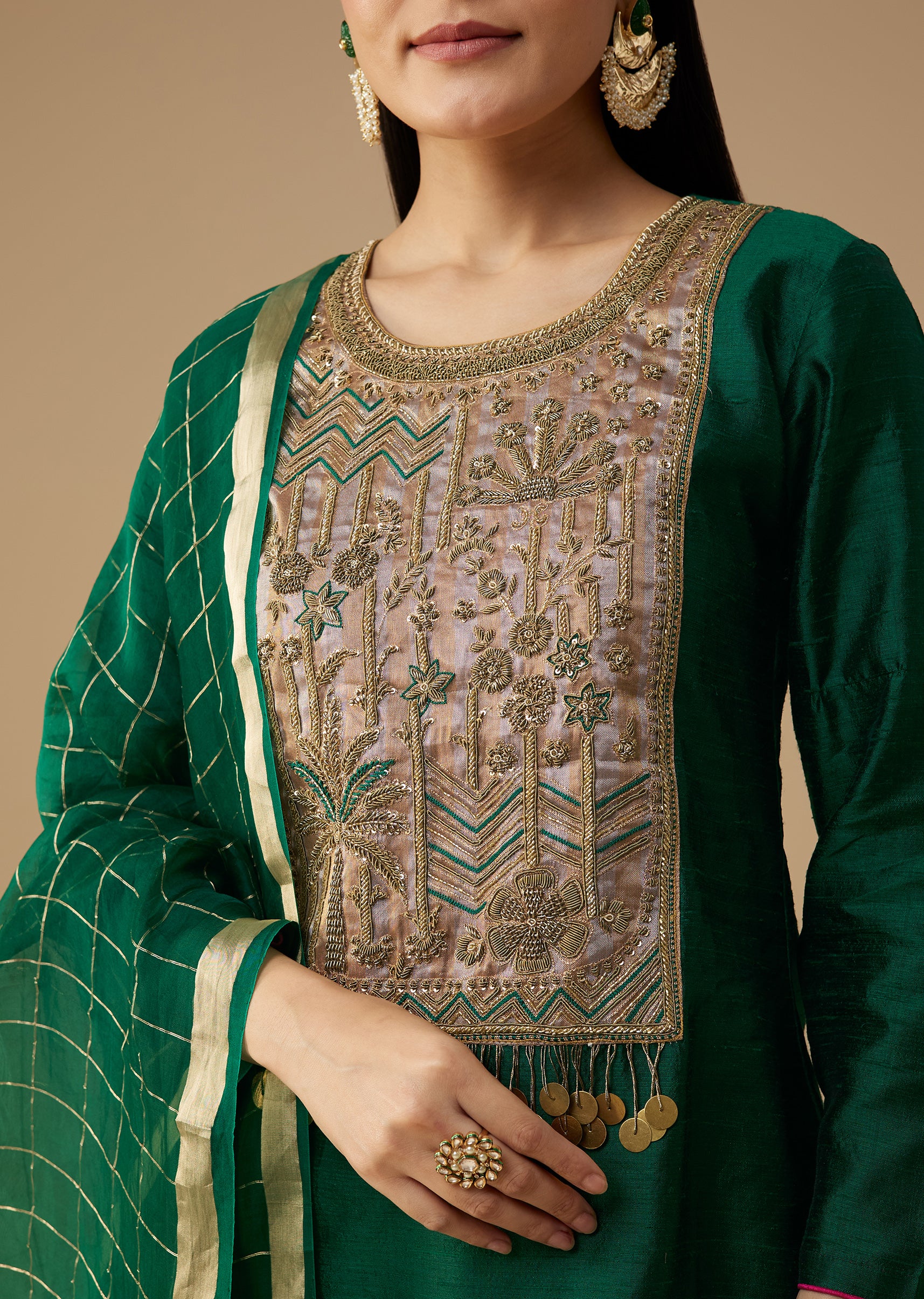 Green Pure Raw Silk Zardozi Embellished Kurta Set - Image 2