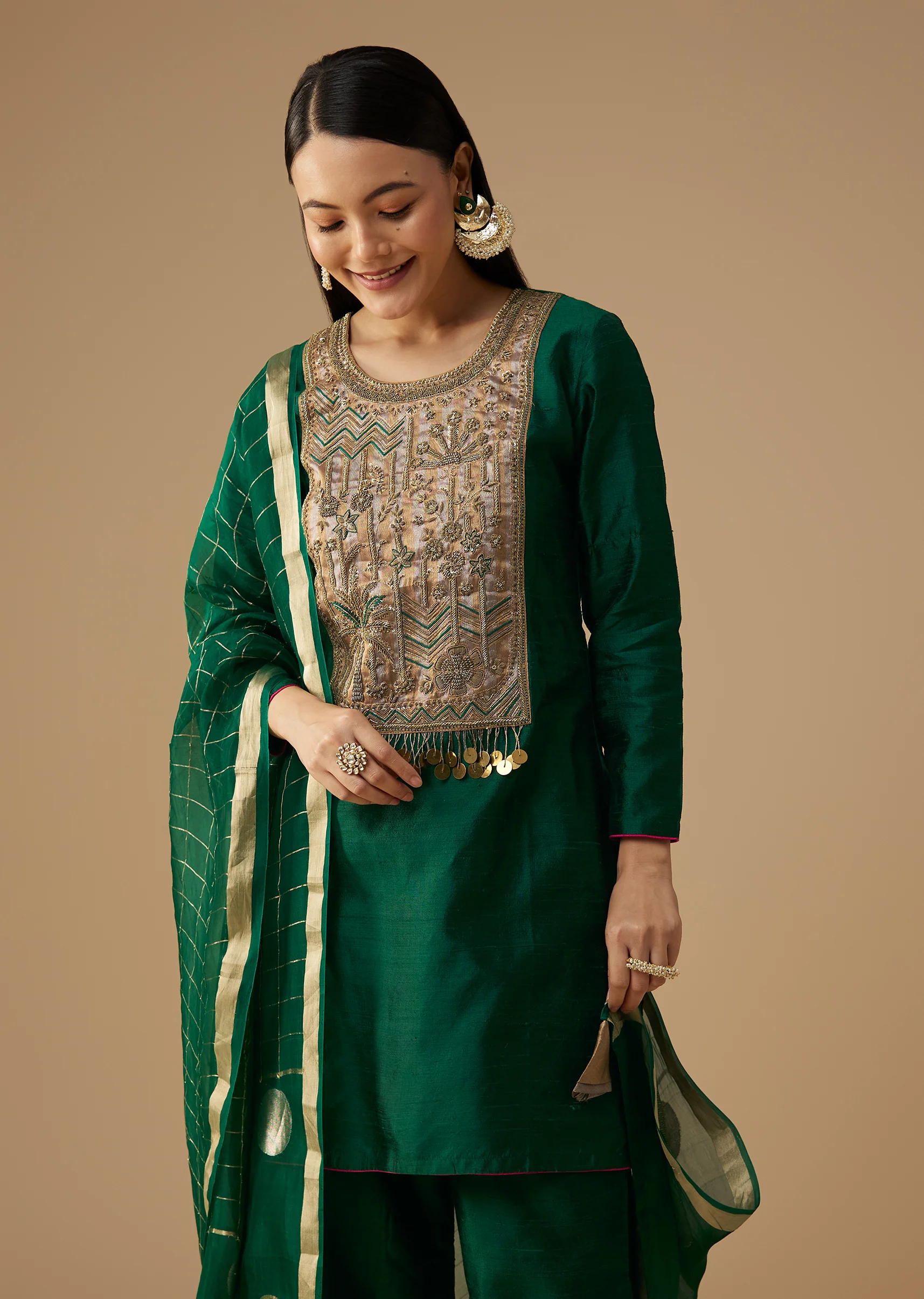 Green Pure Raw Silk Zardozi Embellished Kurta Set - Image 4