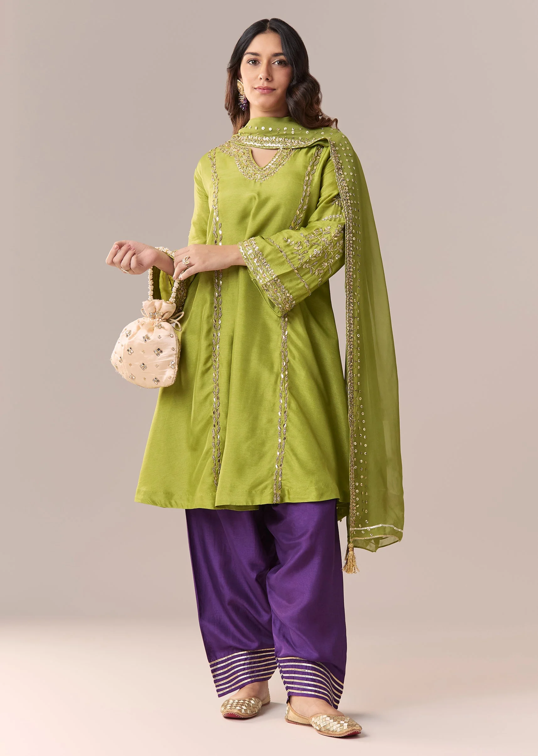 Green Purple Embellished Kurta Set With Salwar And Dupatta - Image 3