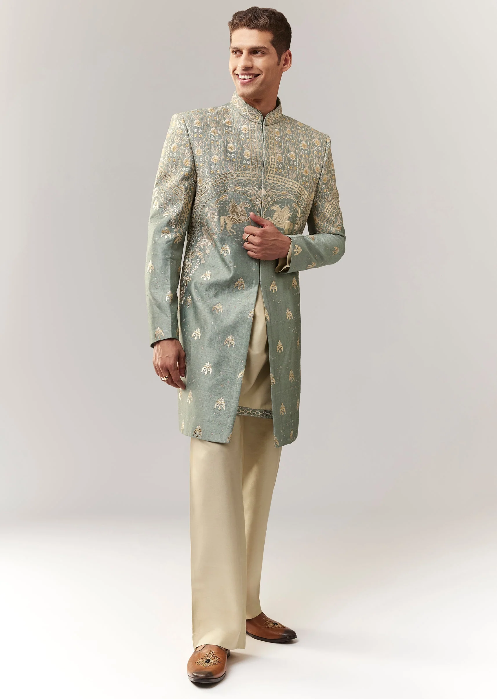 Green Raw Silk Indo Western With Applique And Resham Work - Image 3