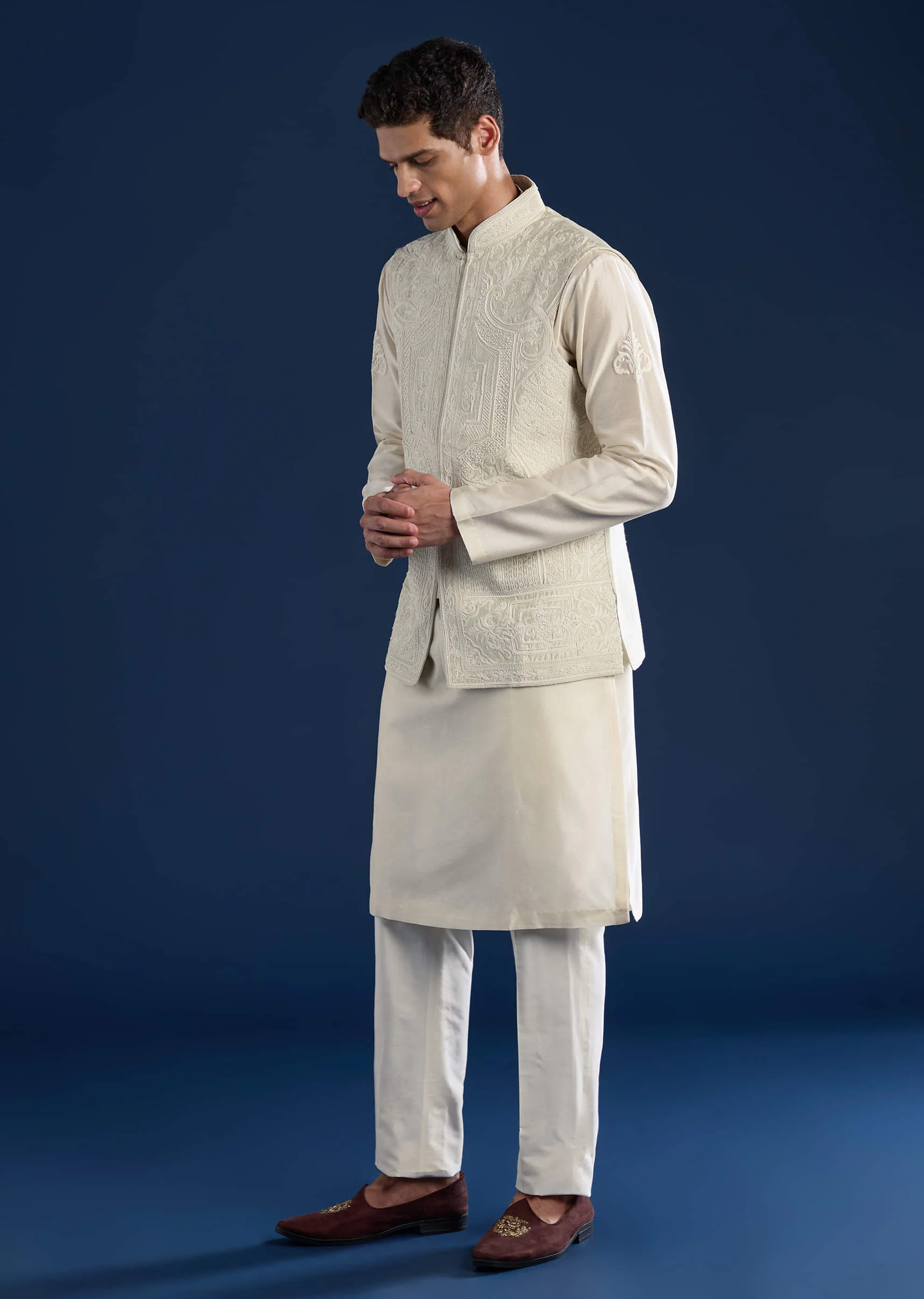 Green Raw Silk Jacket Kurta Set with Dori Work - Image 3